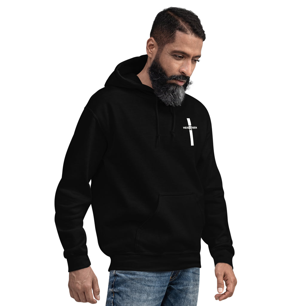 Black men’s Christian resurrection hoodie with He Is Risen and 1 Peter 1:3.