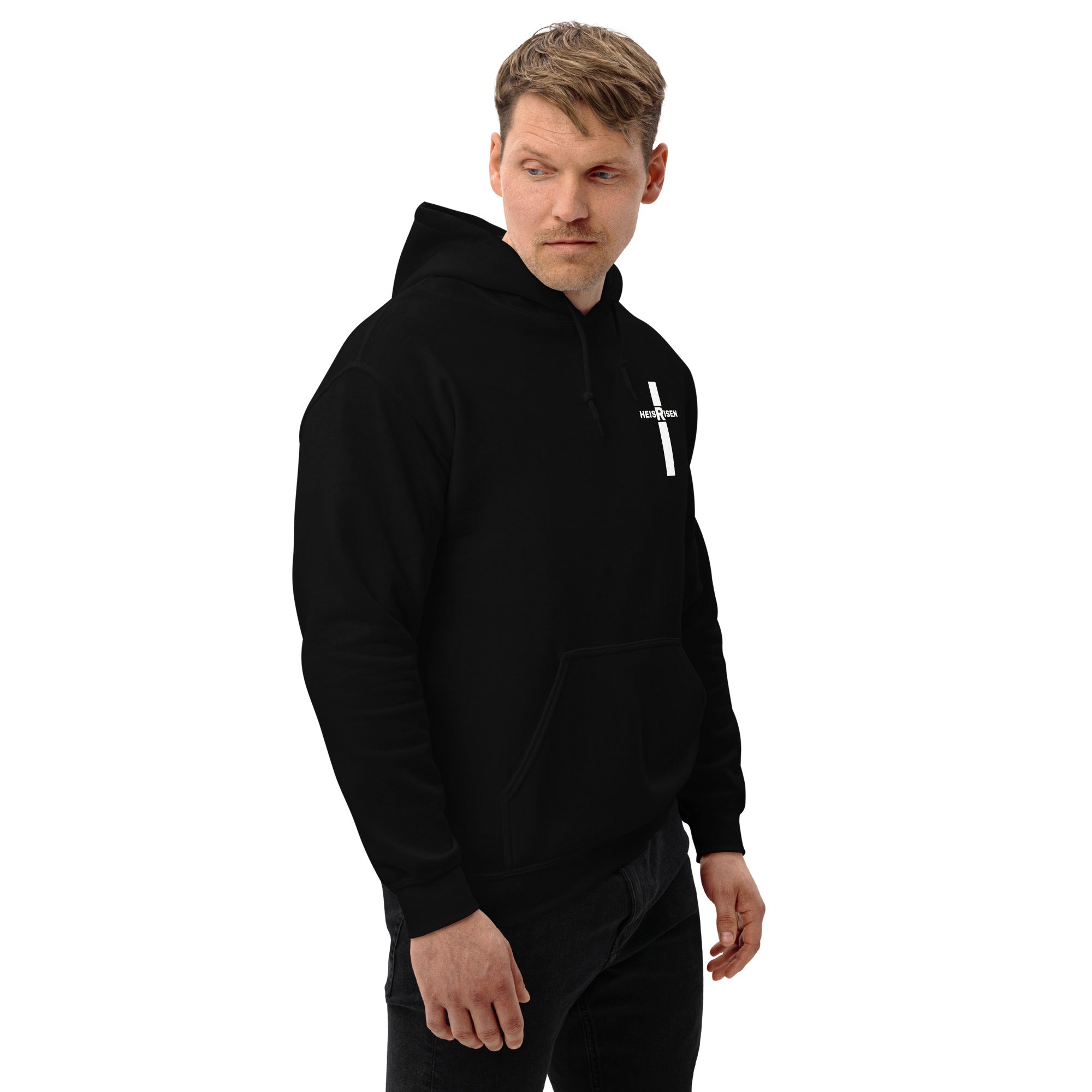 Black men’s Christian resurrection hoodie with He Is Risen and 1 Peter 1:3.