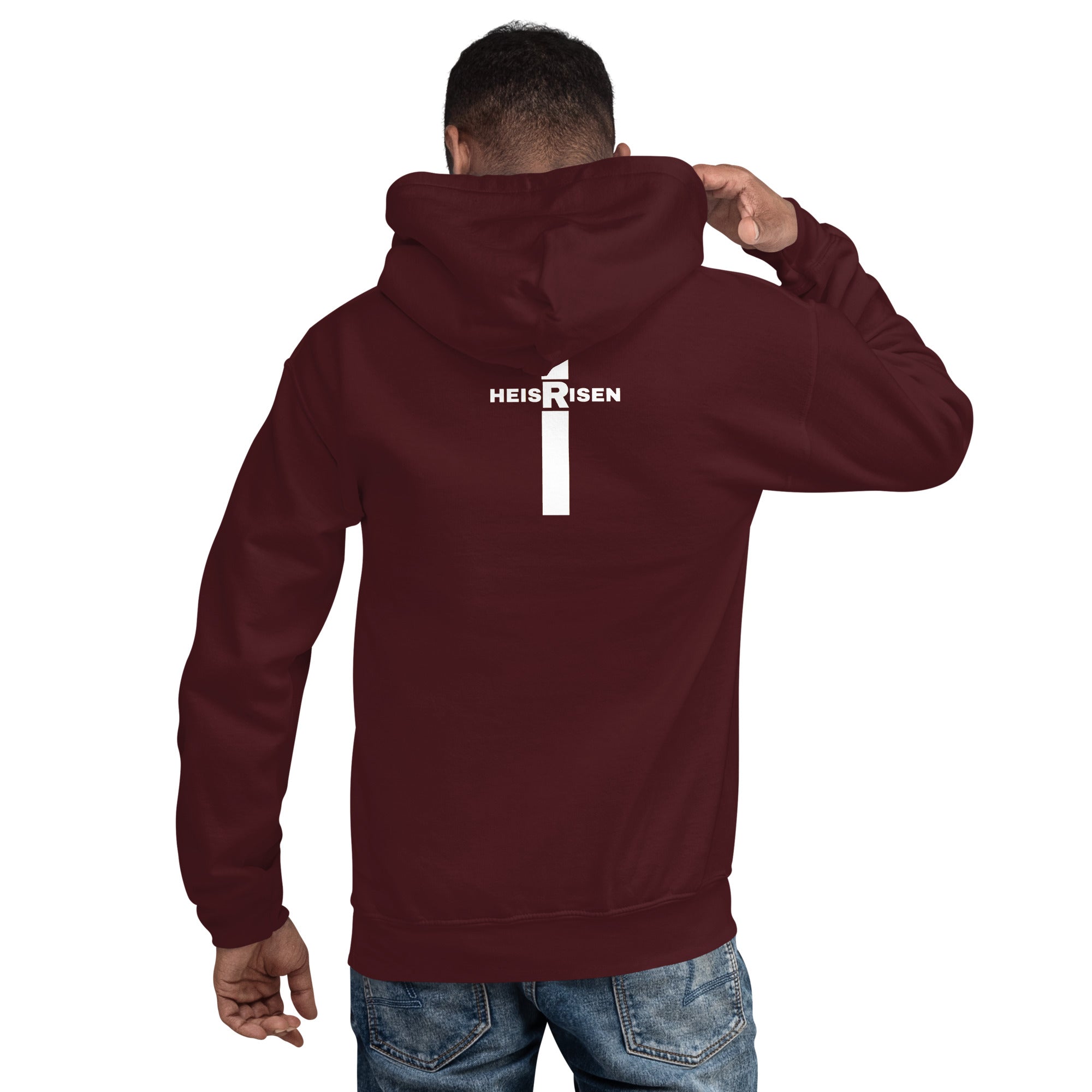 DKINGDOMFASHIONS maroon He Is Risen men’s hoodie.