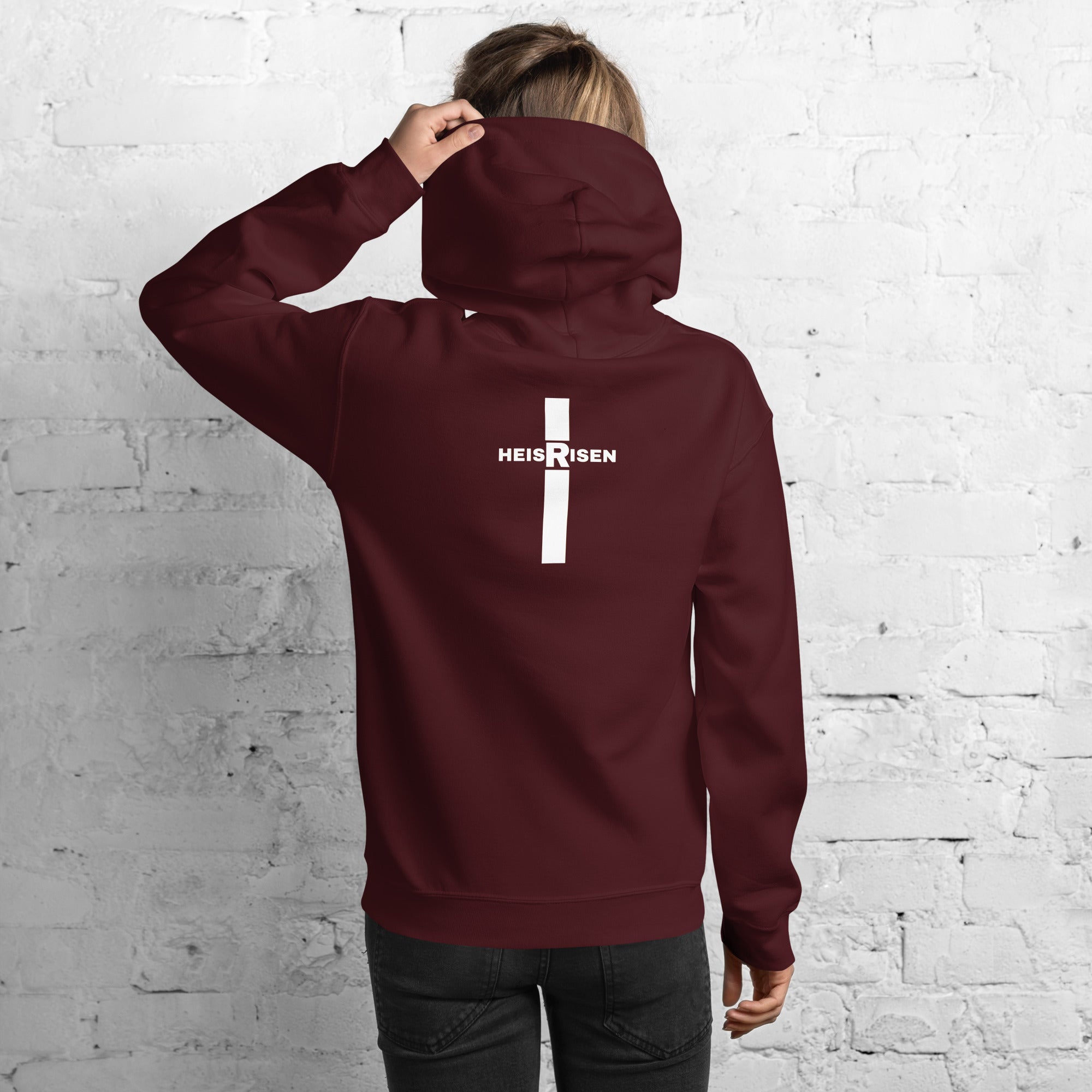 Maroon women’s Christian resurrection hoodie with Praise God for a Living Hope and 1 Peter 1:3.