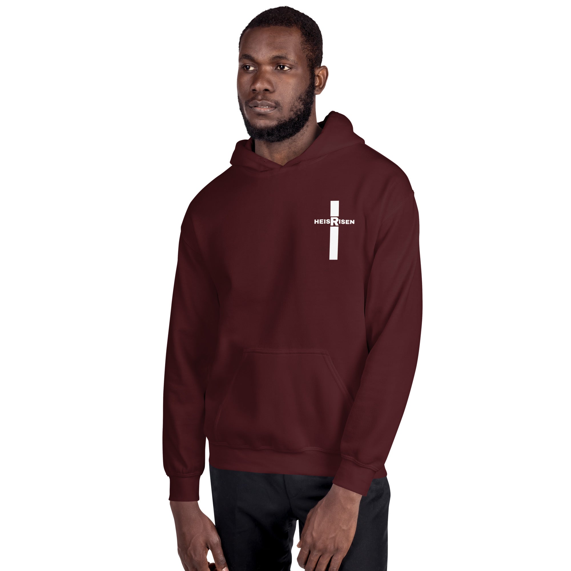 DKINGDOMFASHIONS maroon He Is Risen men’s hoodie.