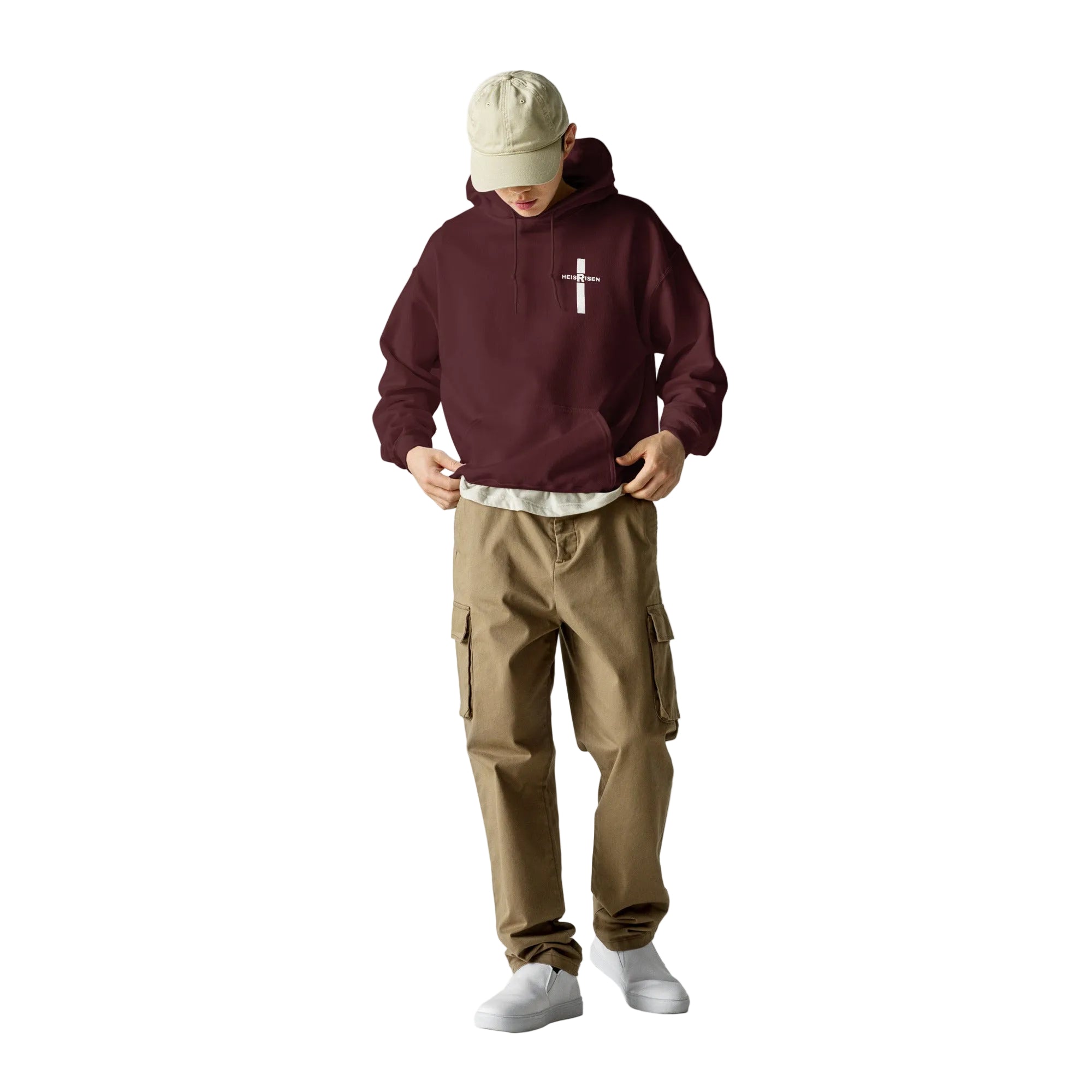 DKINGDOMFASHIONS maroon He Is Risen men’s hoodie.