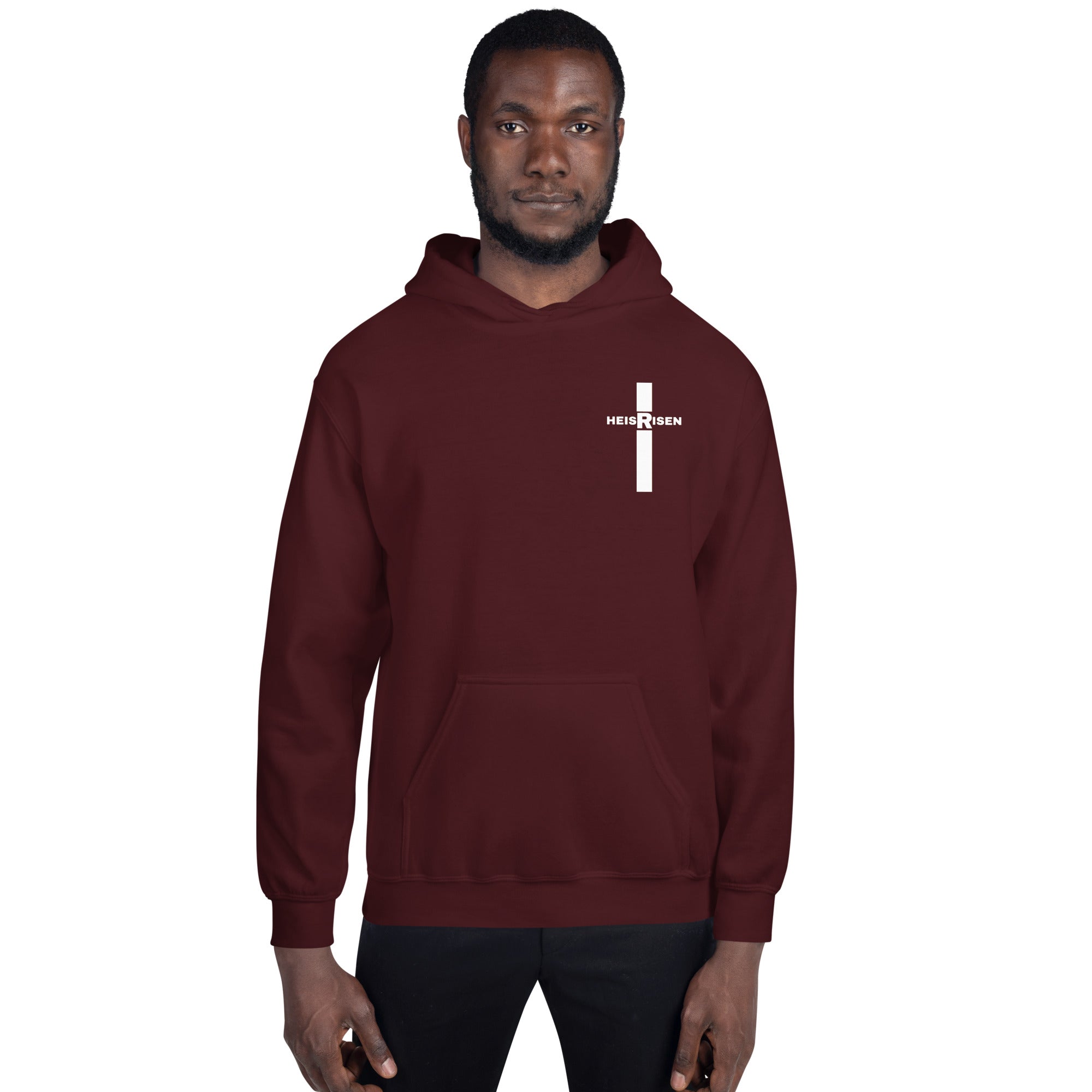 DKINGDOMFASHIONS maroon He Is Risen men’s hoodie.