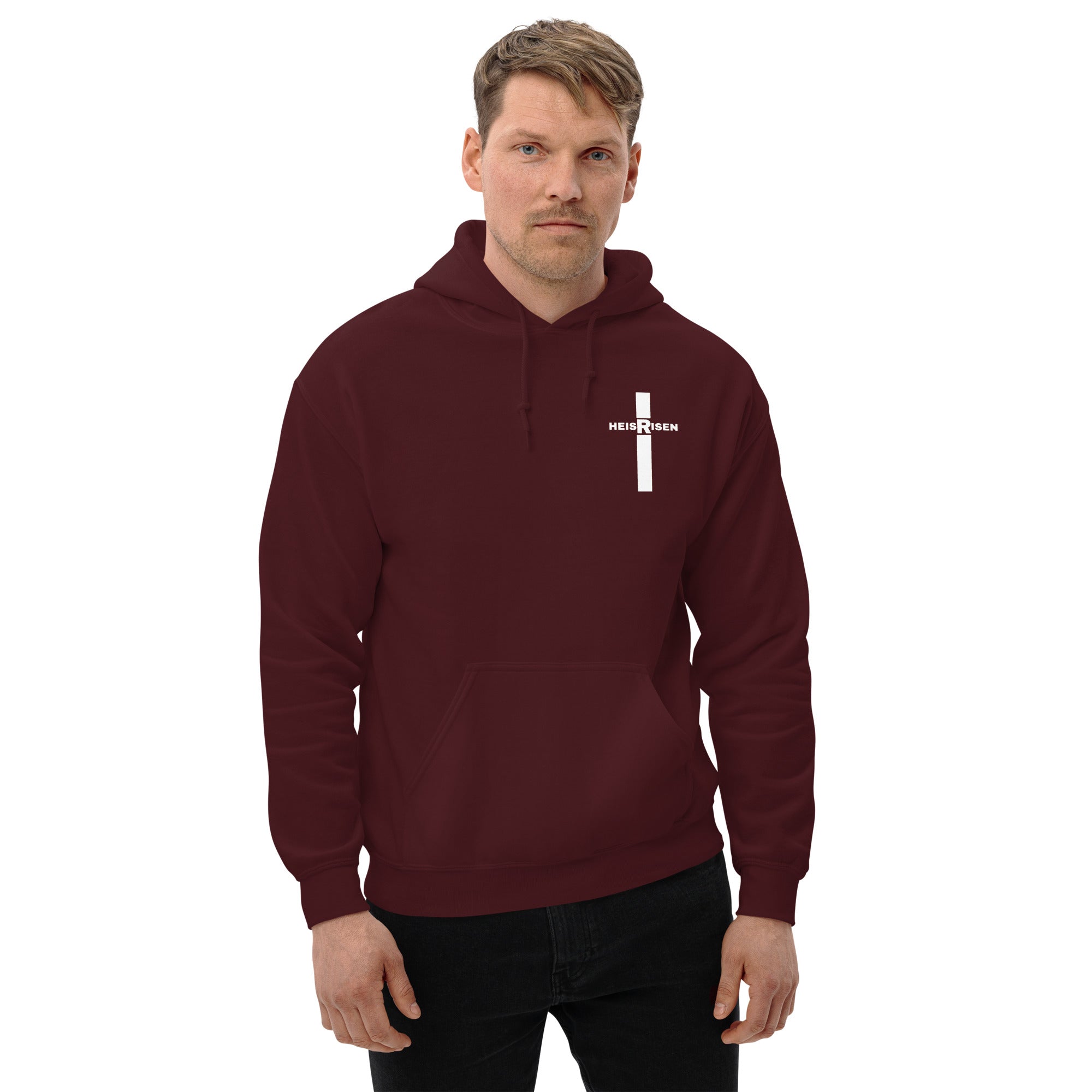 DKINGDOMFASHIONS maroon He Is Risen men’s hoodie.