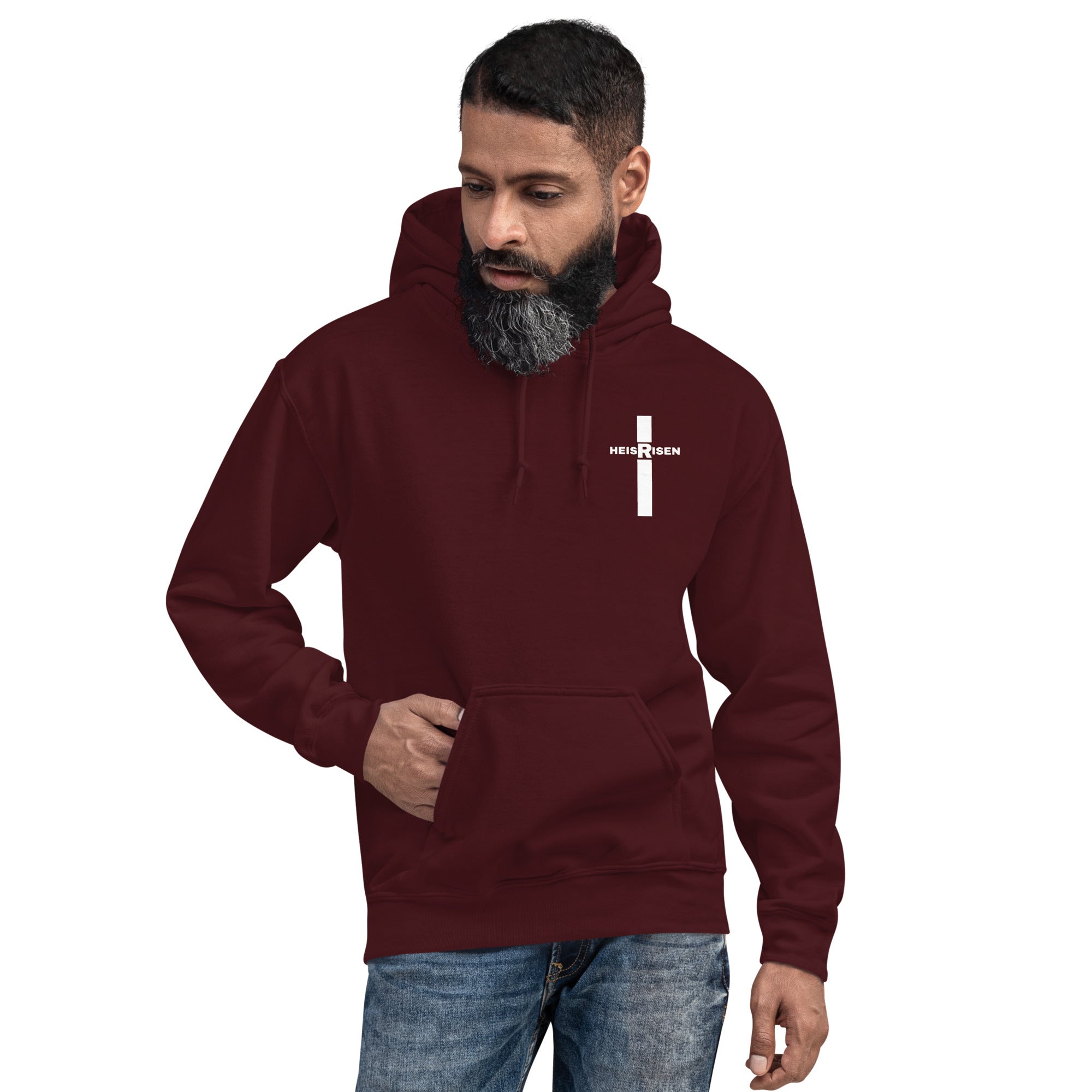 DKINGDOMFASHIONS maroon He Is Risen men’s hoodie.