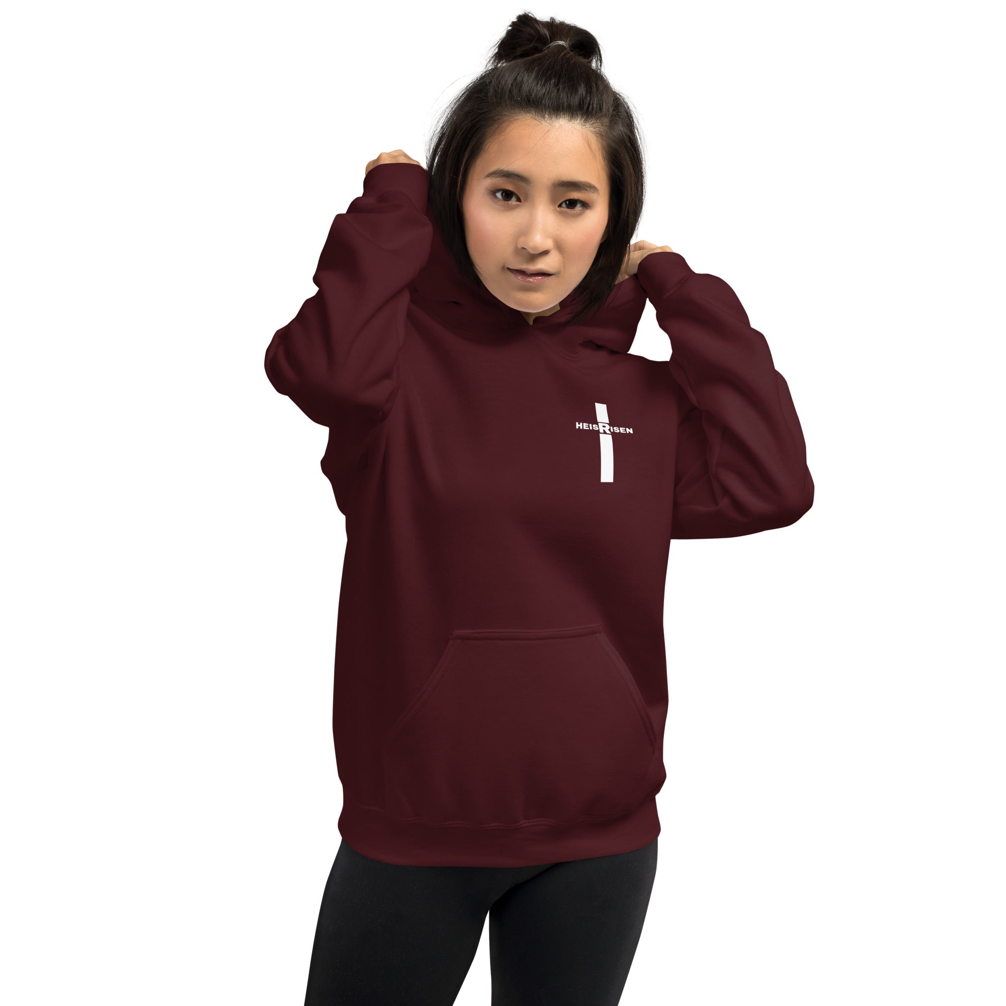 Maroon women’s Christian resurrection hoodie with Praise God for a Living Hope and 1 Peter 1:3.