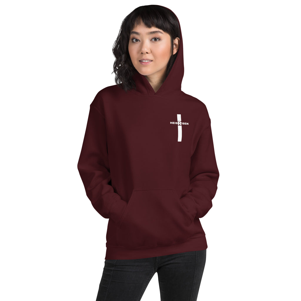 Maroon women’s Christian resurrection hoodie with Praise God for a Living Hope and 1 Peter 1:3.