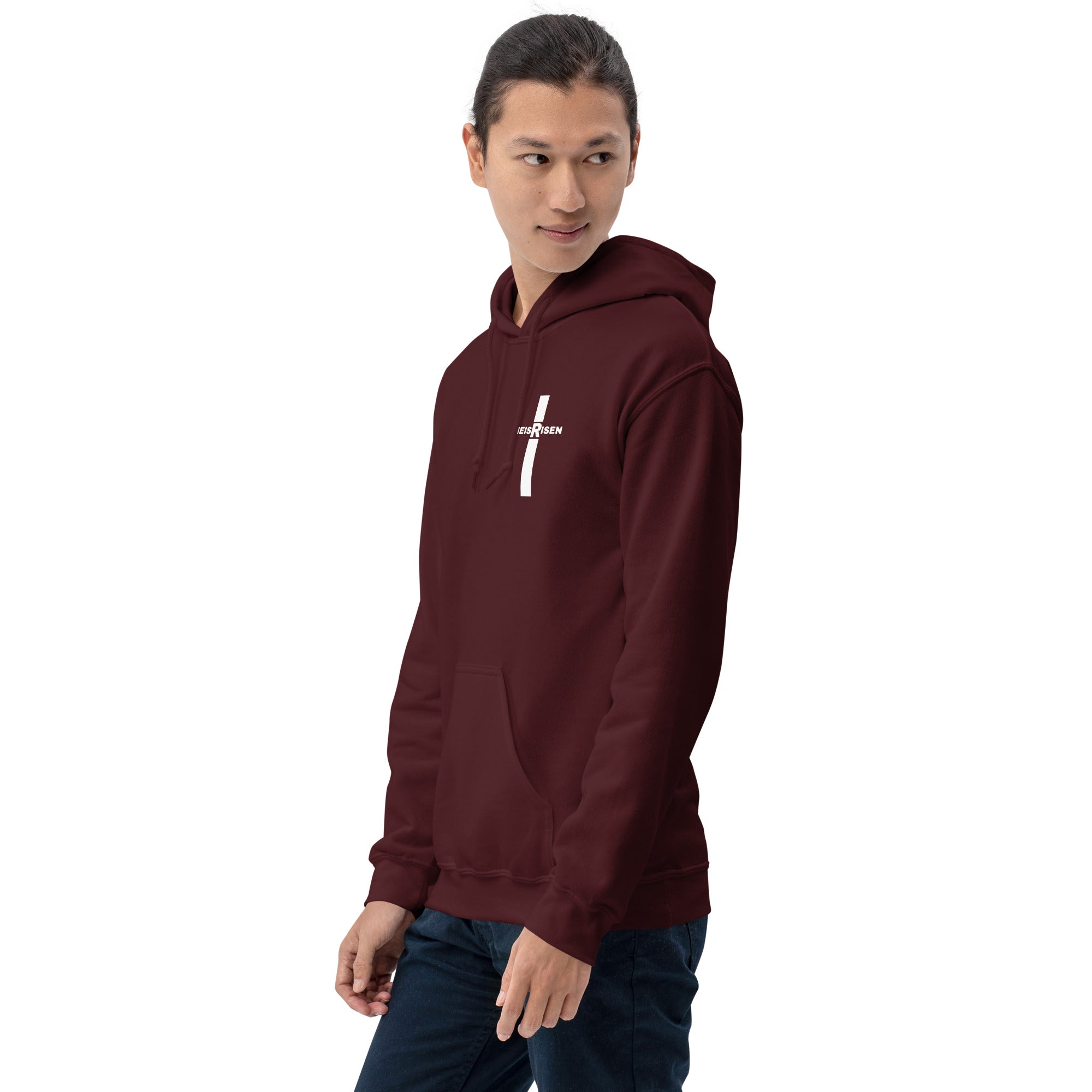 DKINGDOMFASHIONS maroon He Is Risen men’s hoodie.
