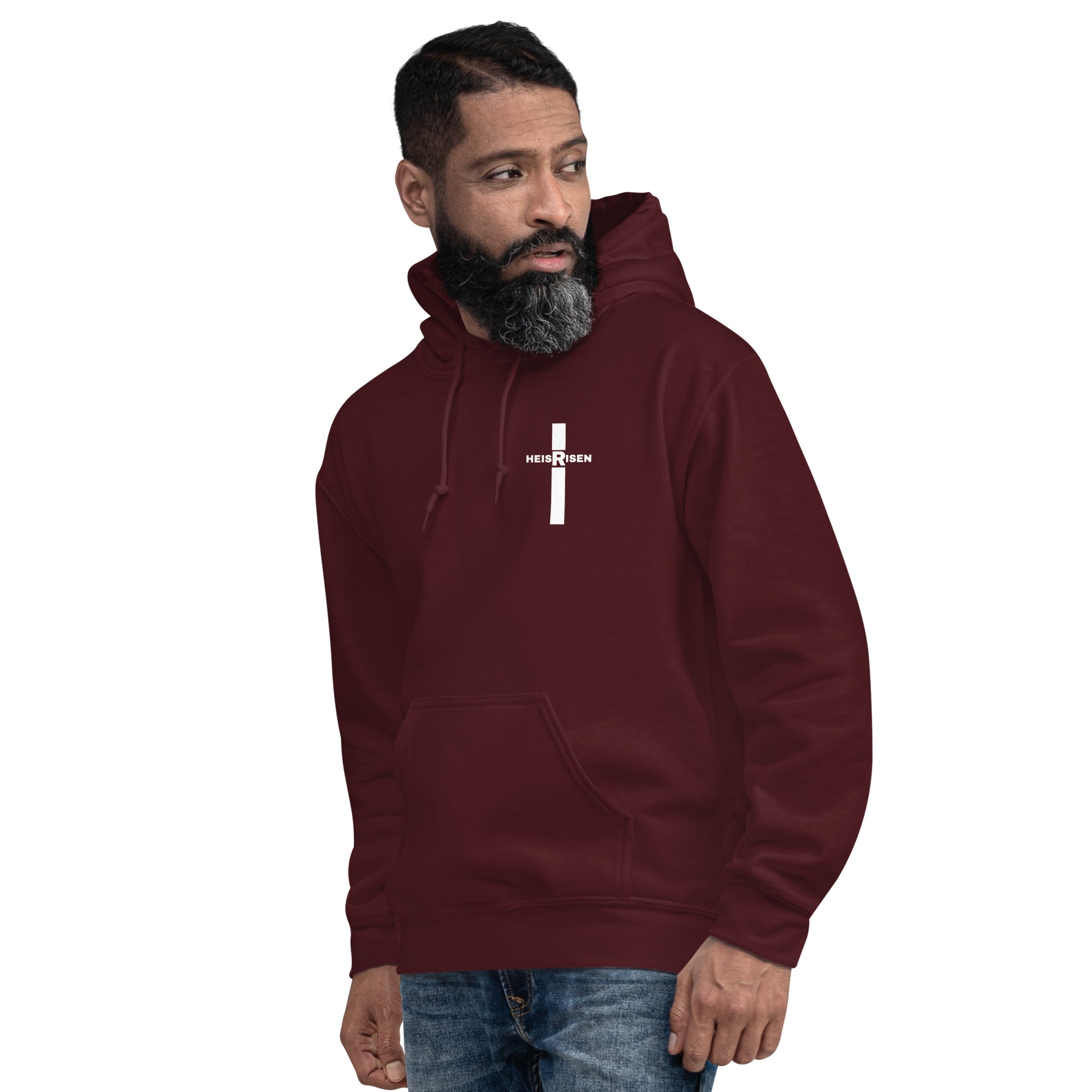 DKINGDOMFASHIONS maroon He Is Risen men’s hoodie.