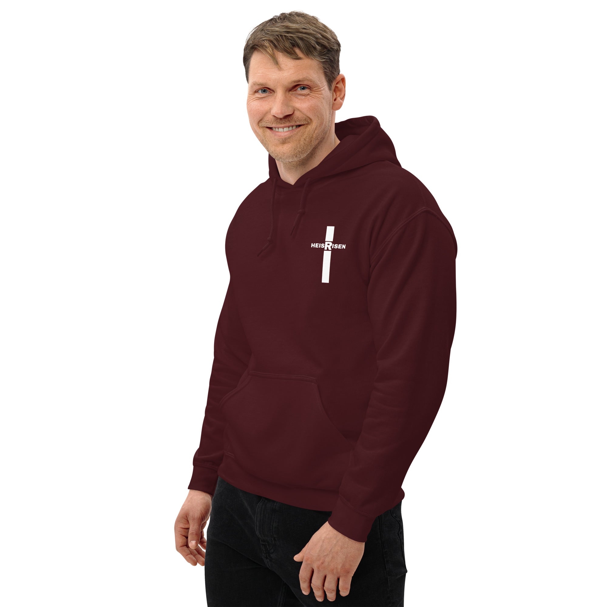 DKINGDOMFASHIONS maroon He Is Risen men’s hoodie.