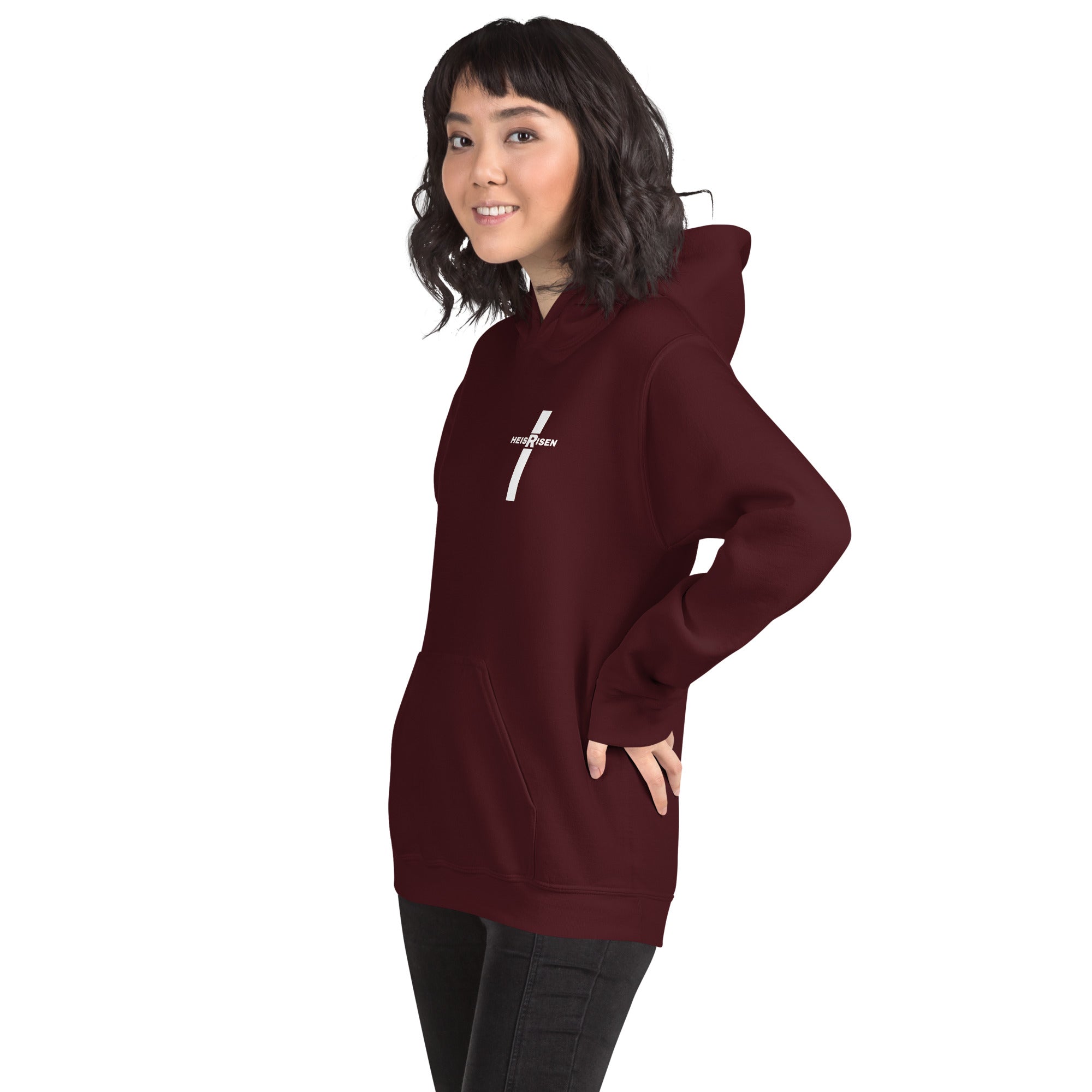 Maroon women’s Christian resurrection hoodie with Praise God for a Living Hope and 1 Peter 1:3.