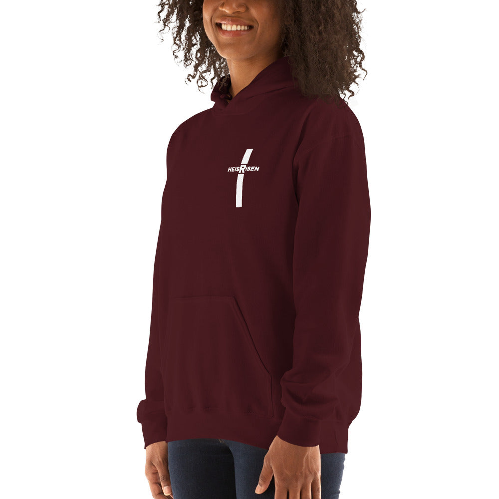 Maroon women’s Christian resurrection hoodie with Praise God for a Living Hope and 1 Peter 1:3.