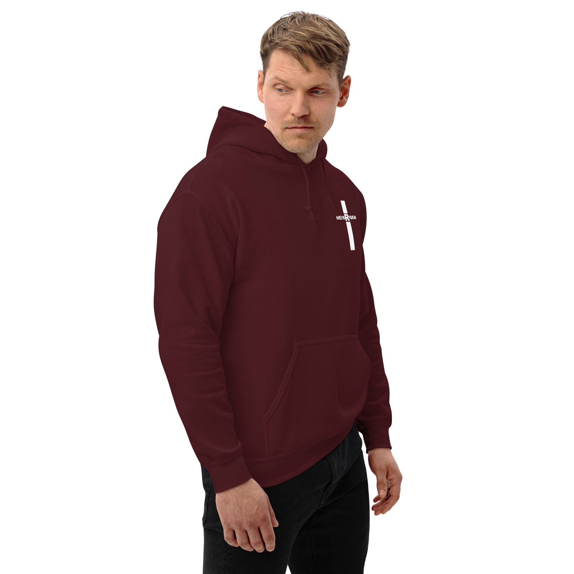 DKINGDOMFASHIONS maroon He Is Risen men’s hoodie.