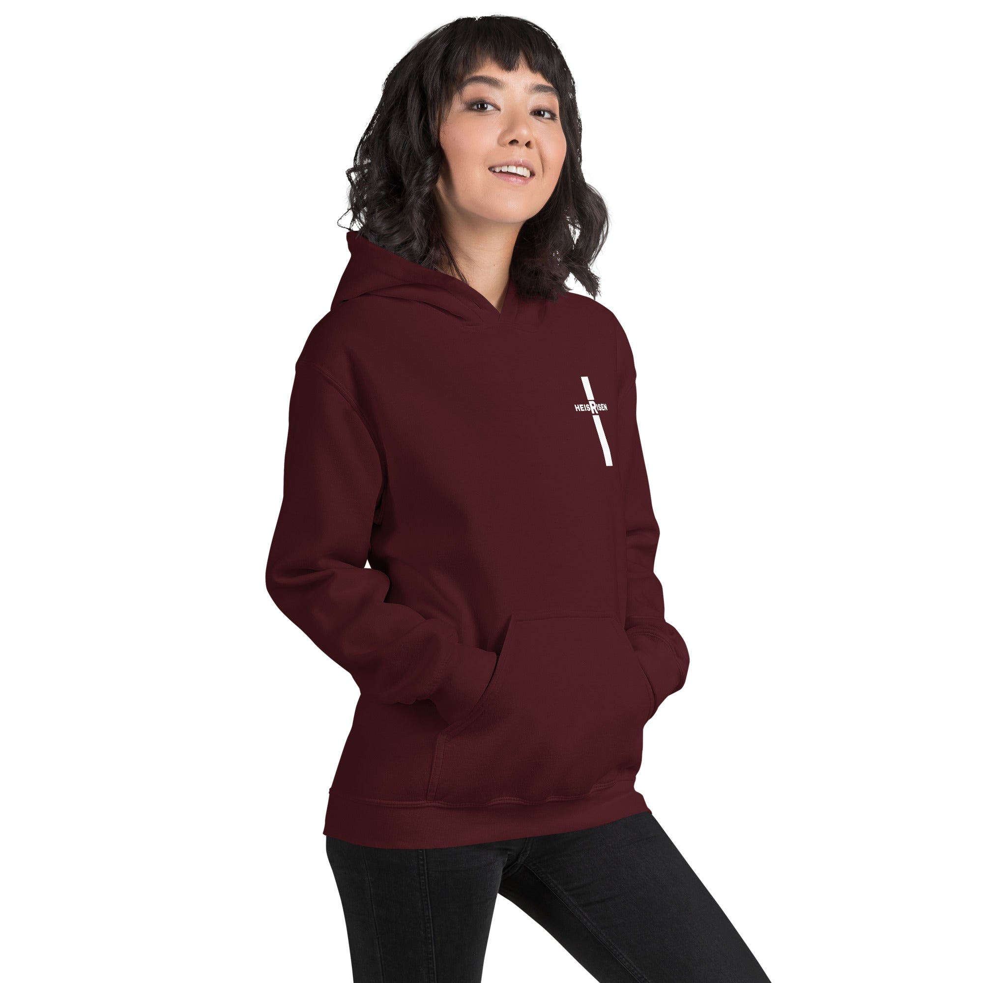 Maroon women’s Christian resurrection hoodie with Praise God for a Living Hope and 1 Peter 1:3.