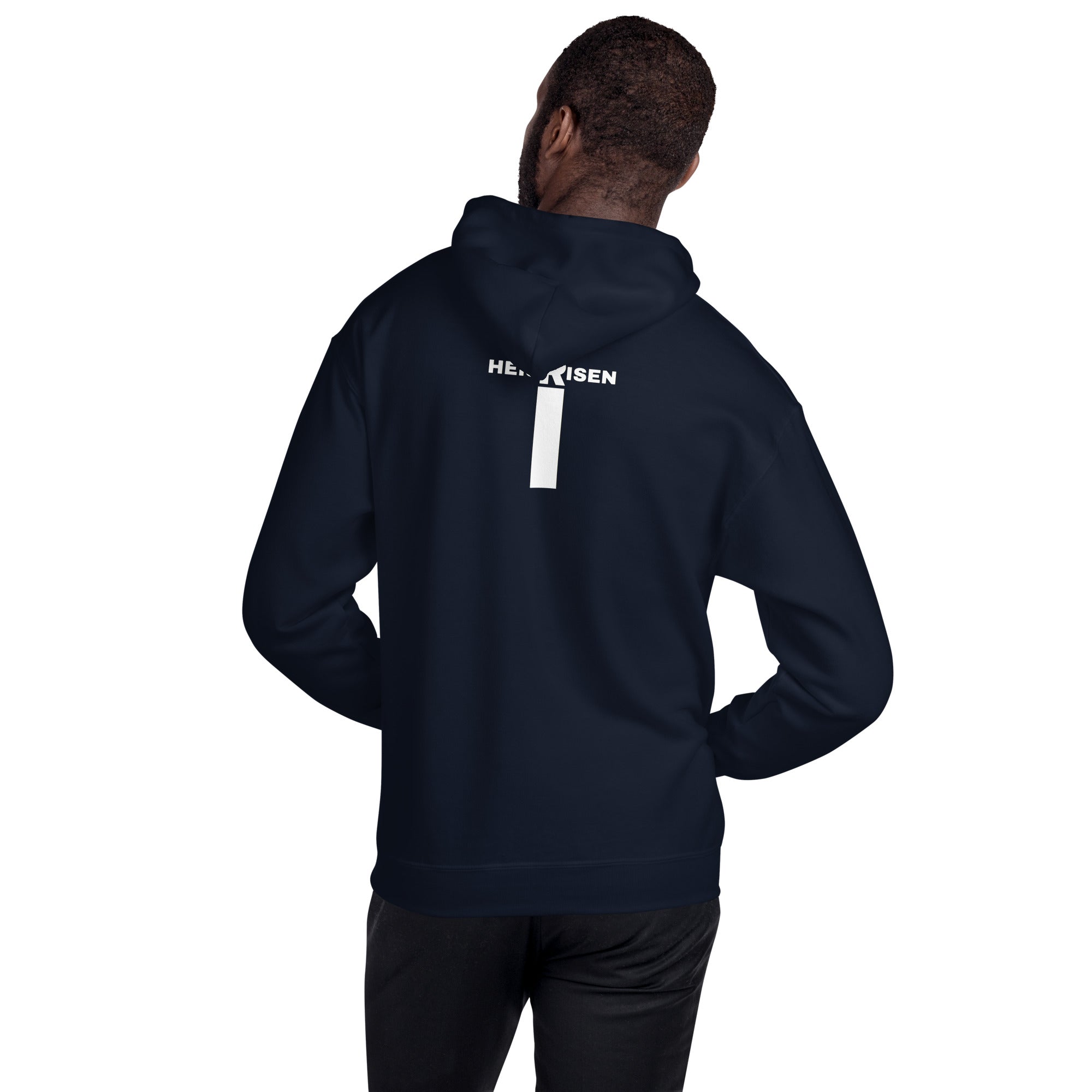 Navy men’s Christian resurrection hoodie with He Is Risen and 1 Peter 1:3.