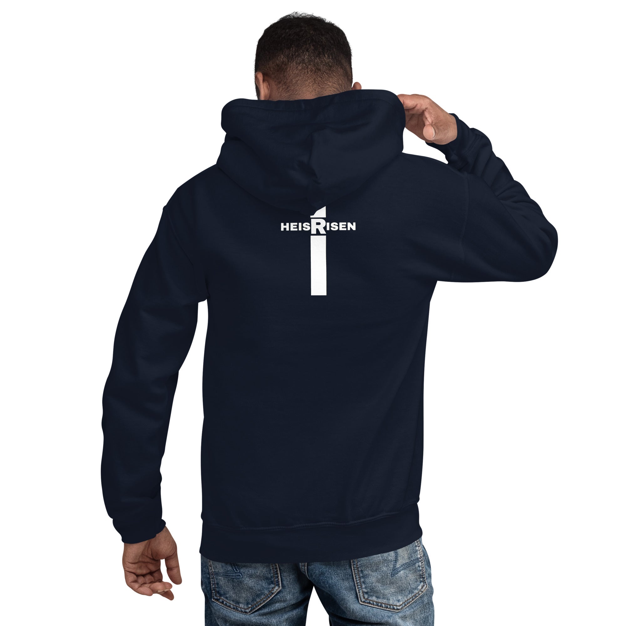 Navy men’s Christian resurrection hoodie with He Is Risen and 1 Peter 1:3.