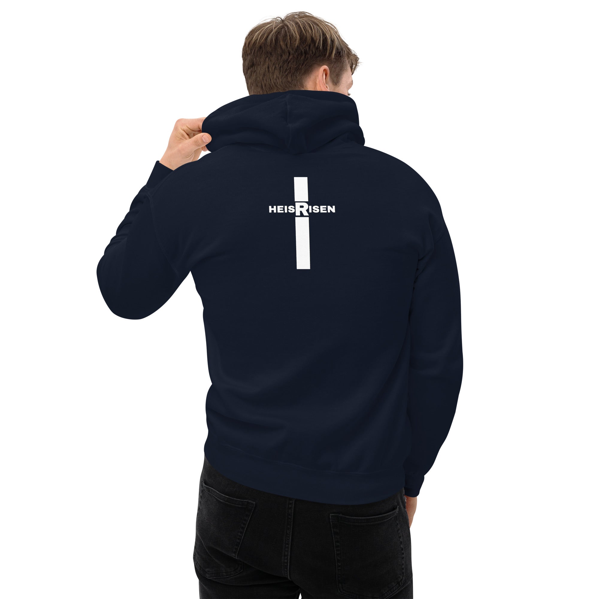 Navy men’s Christian resurrection hoodie with He Is Risen and 1 Peter 1:3.