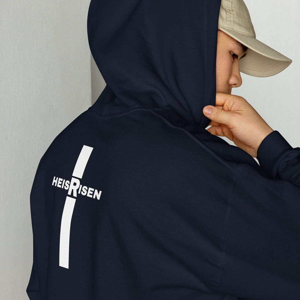 Navy men’s Christian resurrection hoodie with He Is Risen and 1 Peter 1:3.
