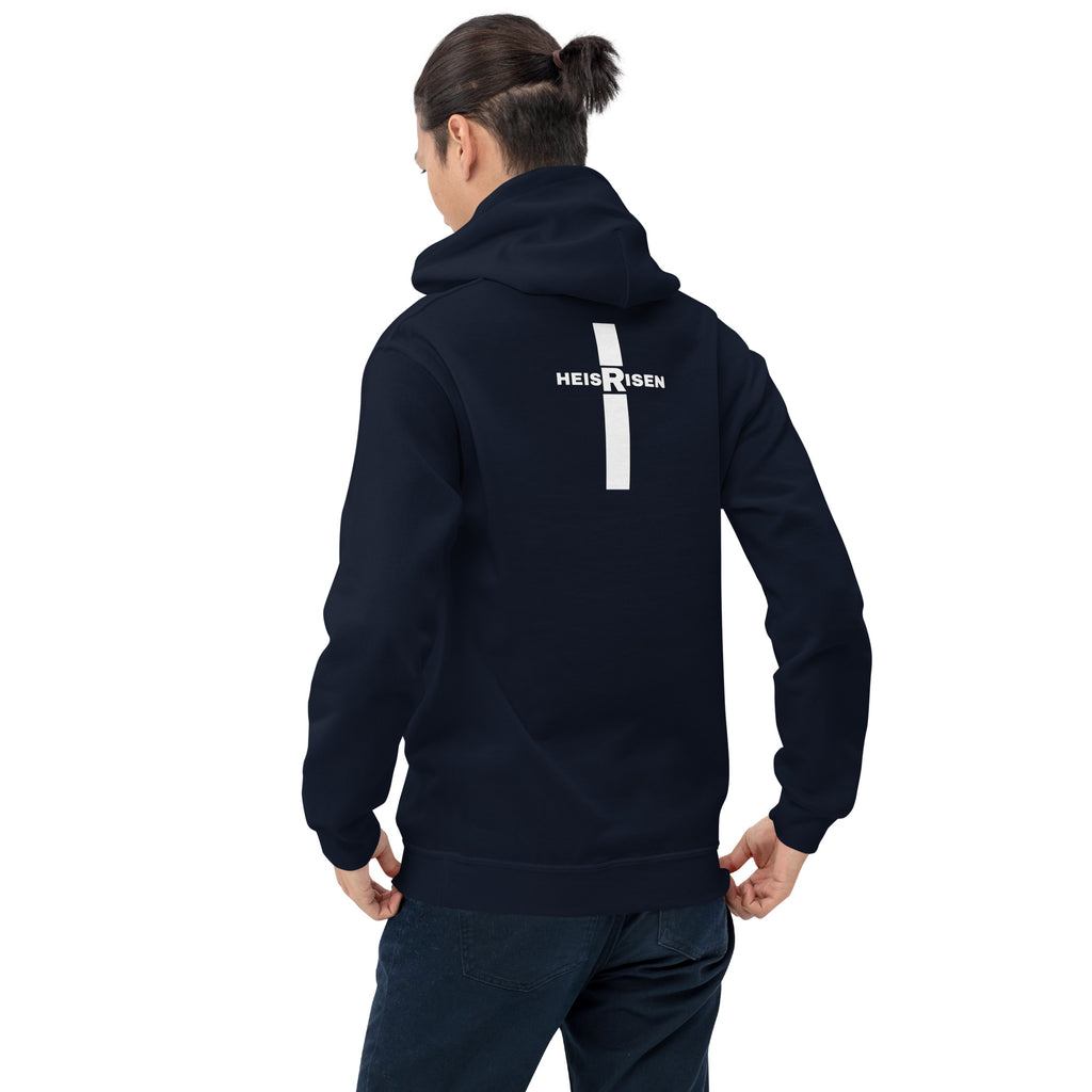 Navy men’s Christian resurrection hoodie with He Is Risen and 1 Peter 1:3.
