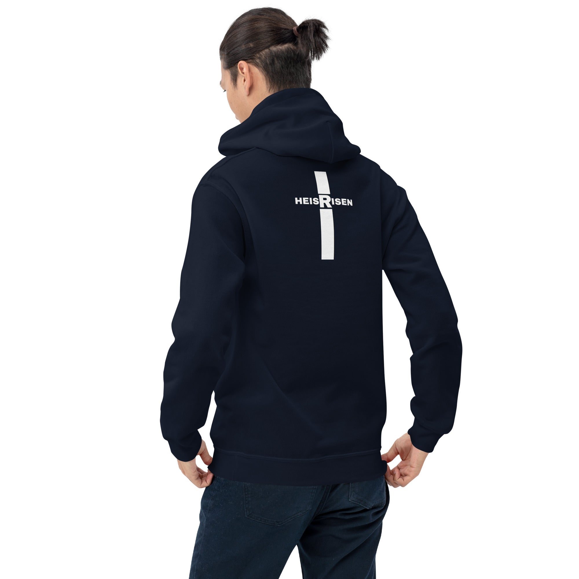 Navy men’s Christian resurrection hoodie with He Is Risen and 1 Peter 1:3.
