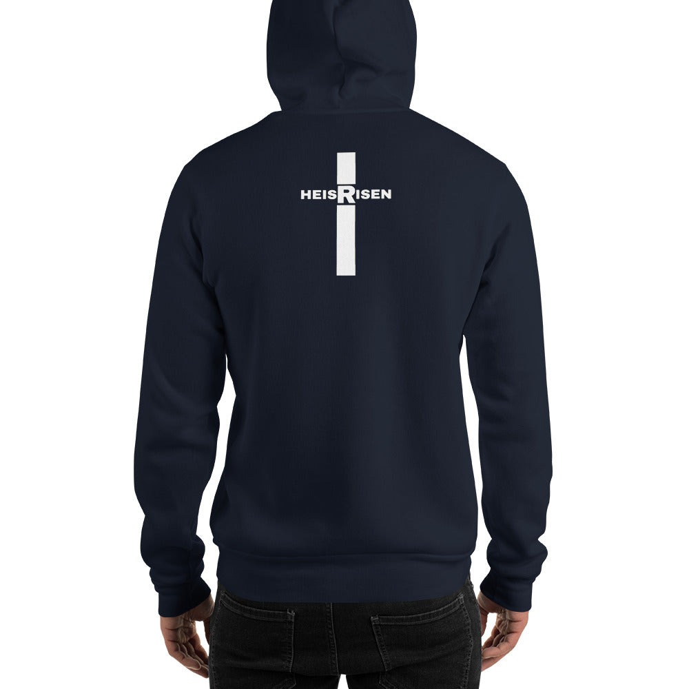 Navy men’s Christian resurrection hoodie with He Is Risen and 1 Peter 1:3.