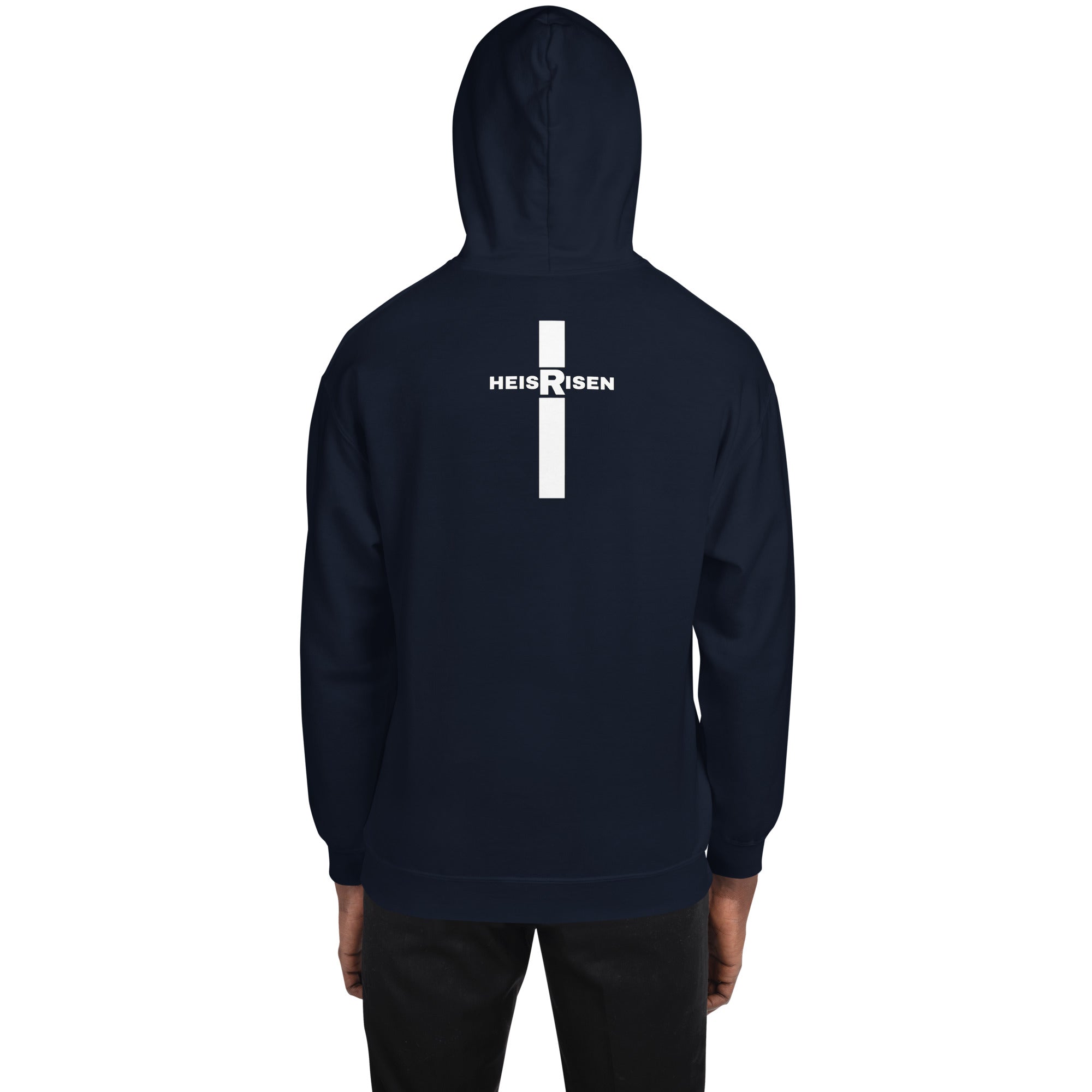 Navy men’s Christian resurrection hoodie with He Is Risen and 1 Peter 1:3.