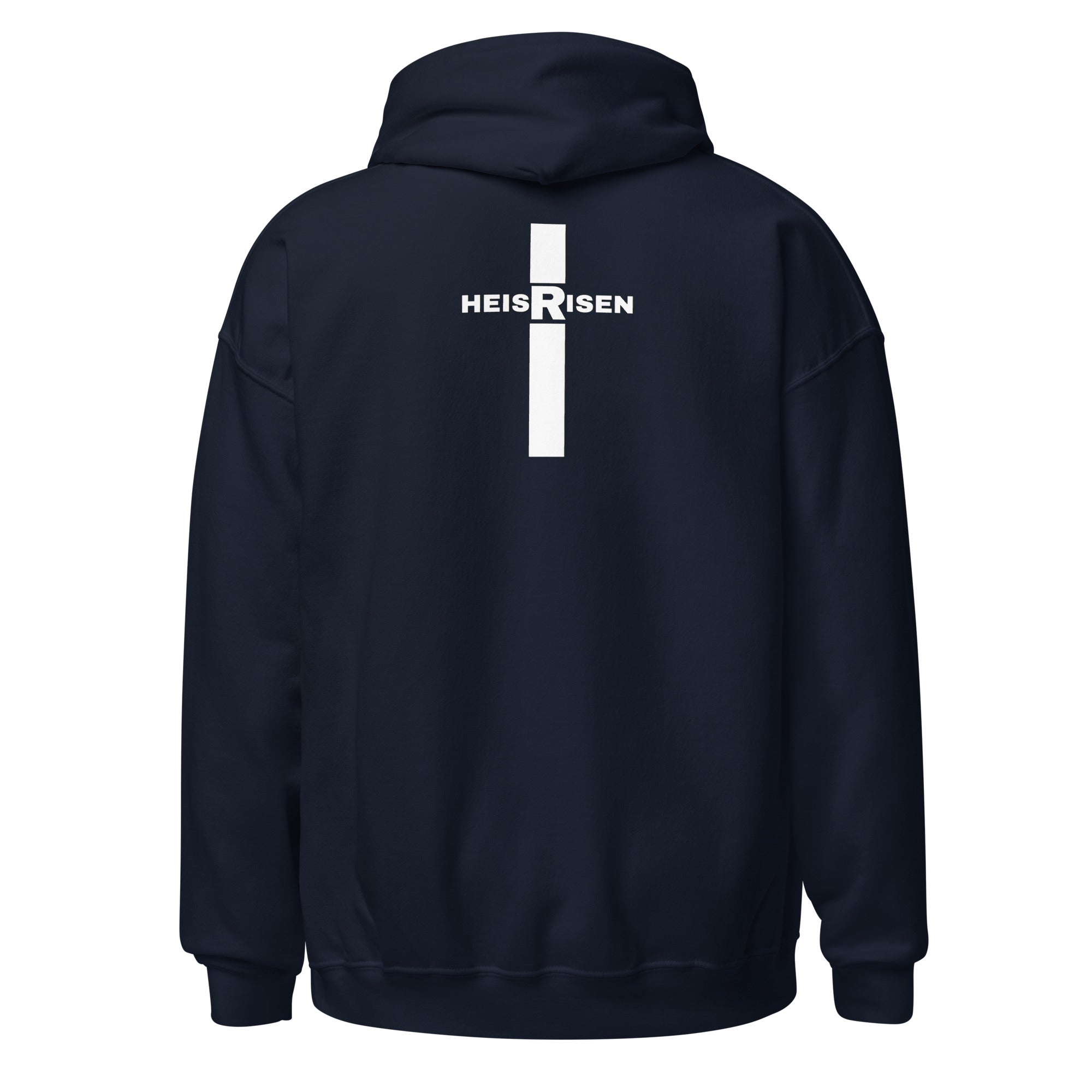 Navy men’s Christian resurrection hoodie with He Is Risen and 1 Peter 1:3.