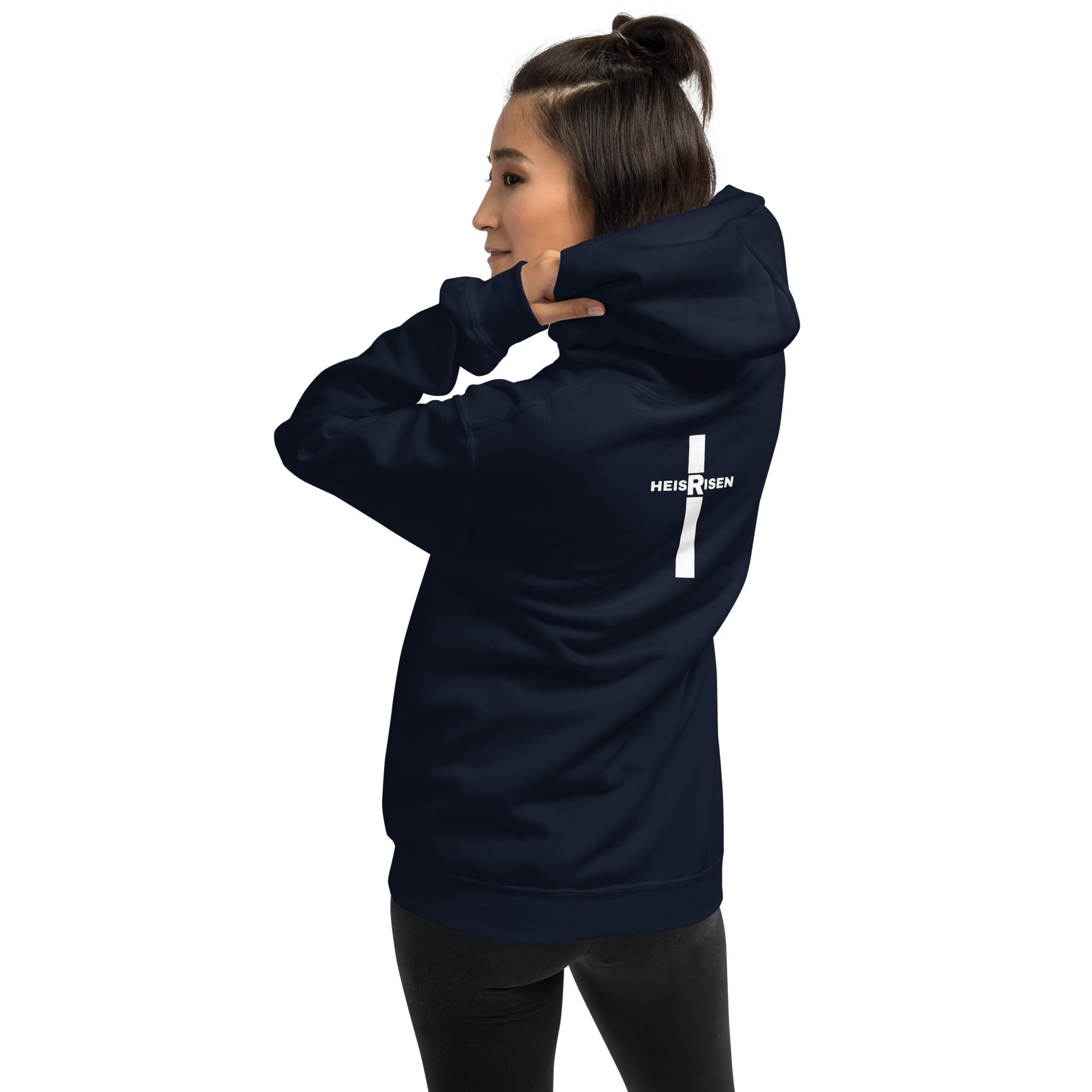Navy women’s Christian resurrection hoodie with Praise God for a Living Hope and 1 Peter 1:3.