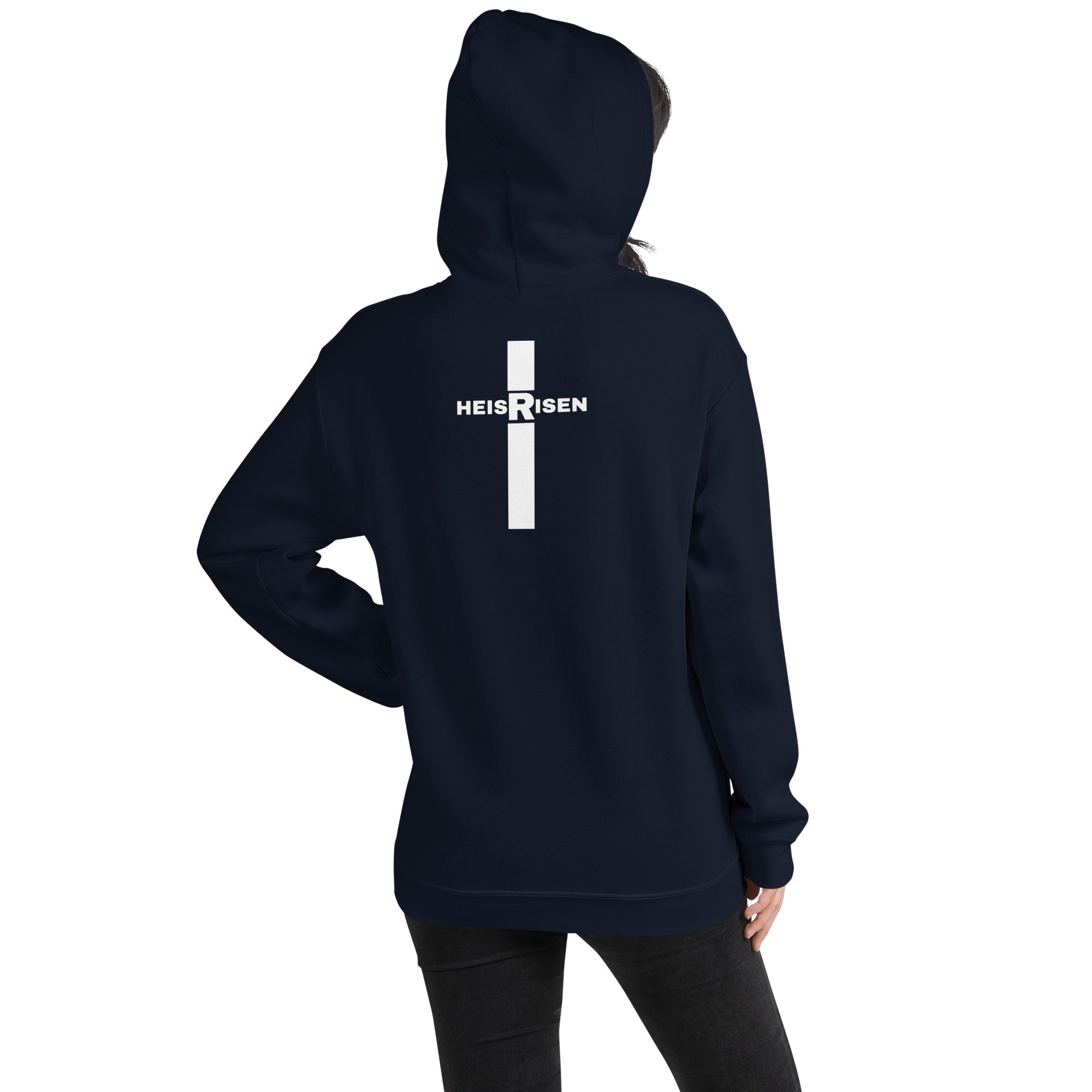 Navy women’s Christian resurrection hoodie with Praise God for a Living Hope and 1 Peter 1:3.