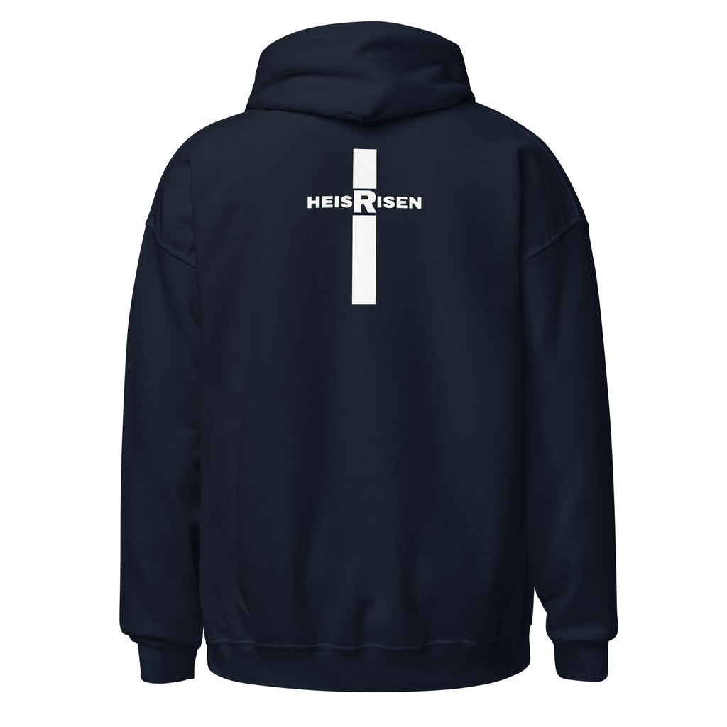 Navy women’s Christian resurrection hoodie with Praise God for a Living Hope and 1 Peter 1:3.