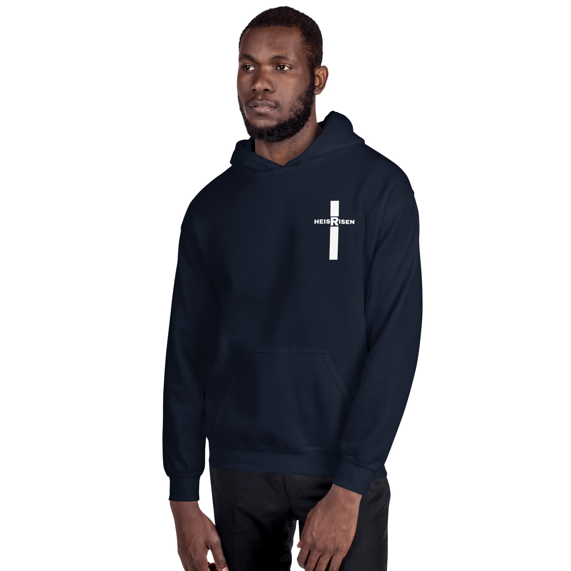 Navy men’s Christian resurrection hoodie with He Is Risen and 1 Peter 1:3.