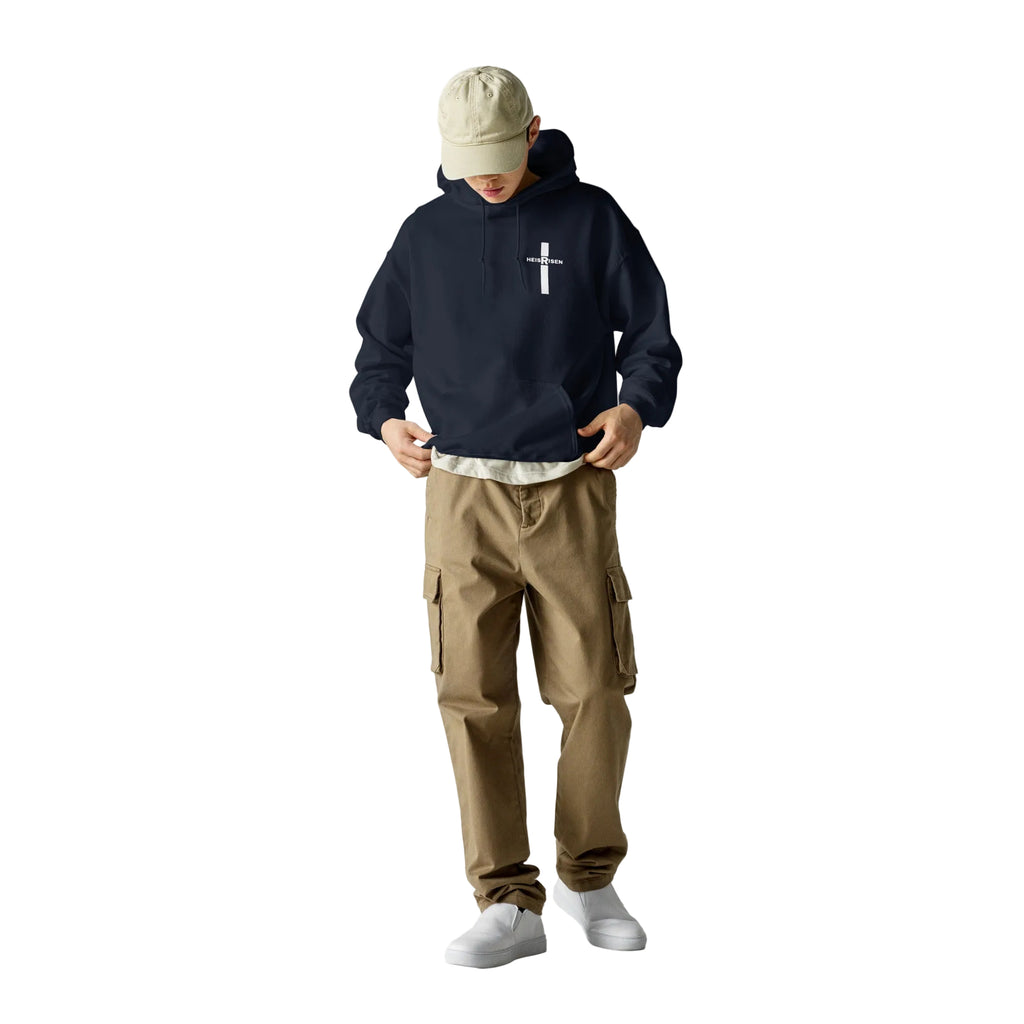 Navy men’s Christian resurrection hoodie with He Is Risen and 1 Peter 1:3.