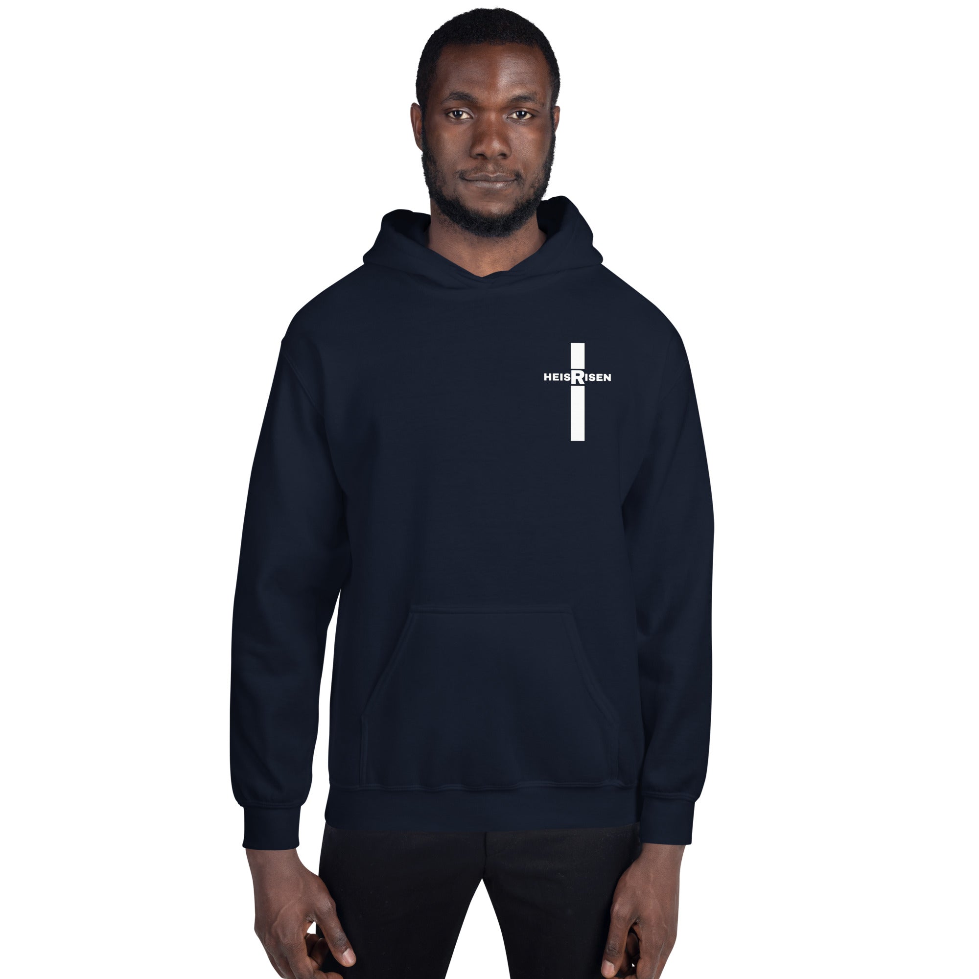Navy men’s Christian resurrection hoodie with He Is Risen and 1 Peter 1:3.