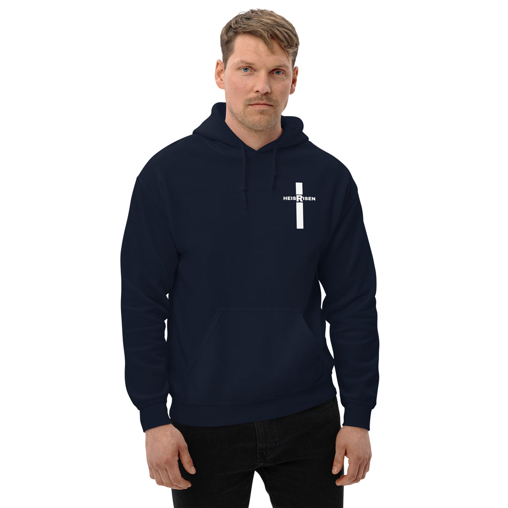 Navy men’s Christian resurrection hoodie with He Is Risen and 1 Peter 1:3.