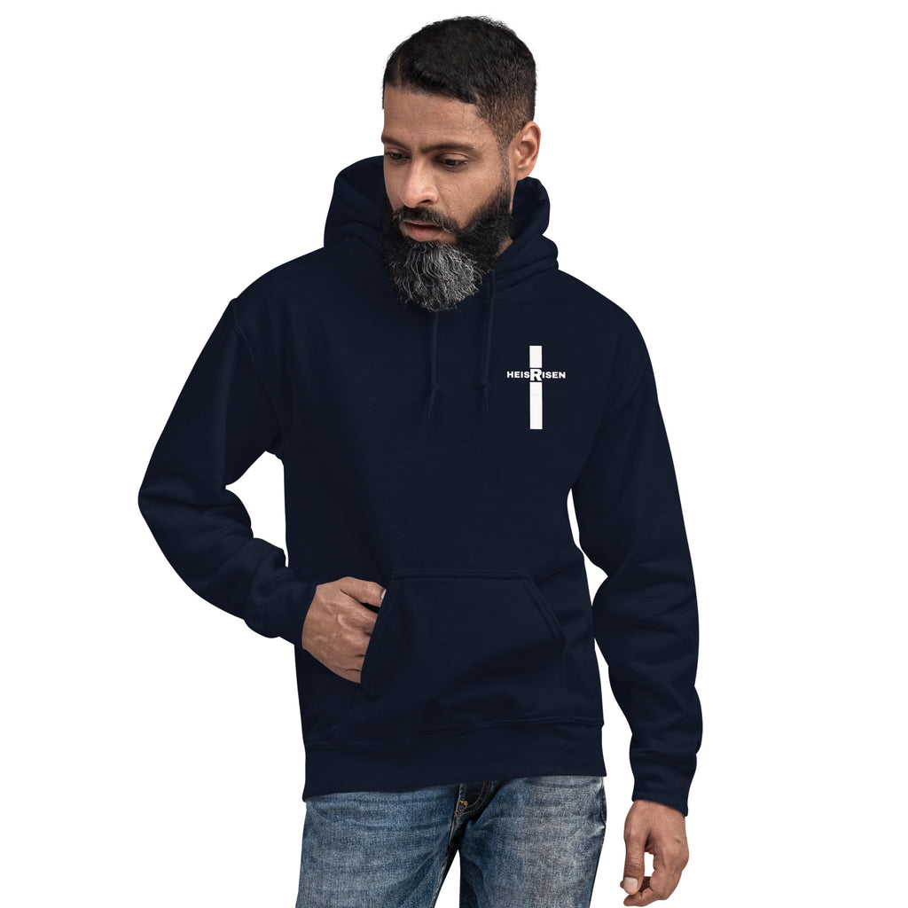 Navy men’s Christian resurrection hoodie with He Is Risen and 1 Peter 1:3.