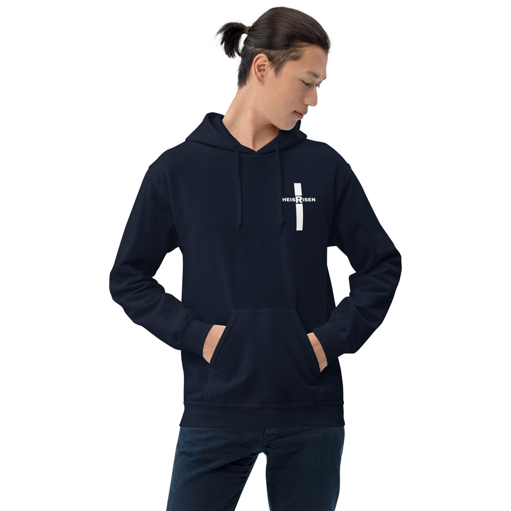 Navy men’s Christian resurrection hoodie with He Is Risen and 1 Peter 1:3.