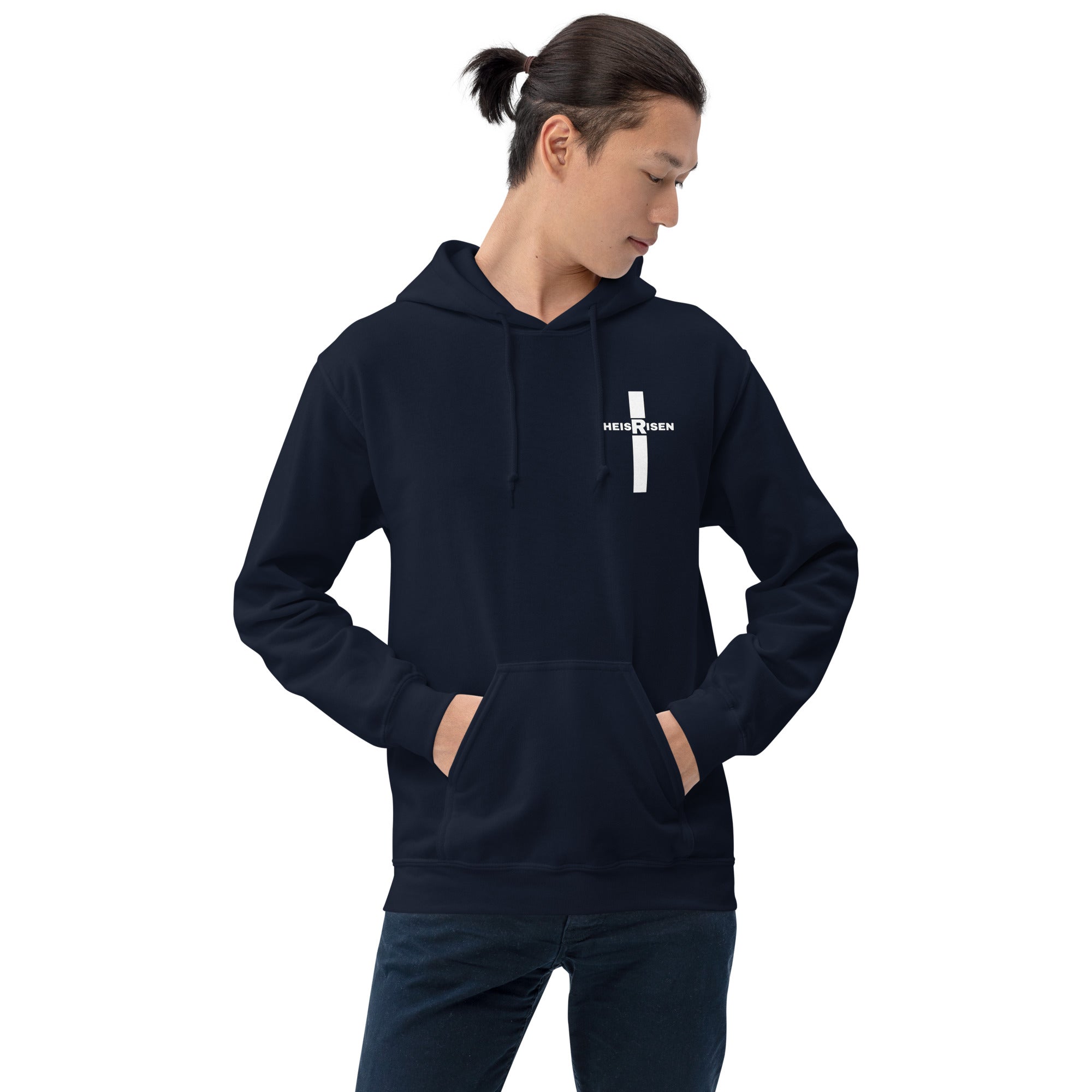 Navy men’s Christian resurrection hoodie with He Is Risen and 1 Peter 1:3.