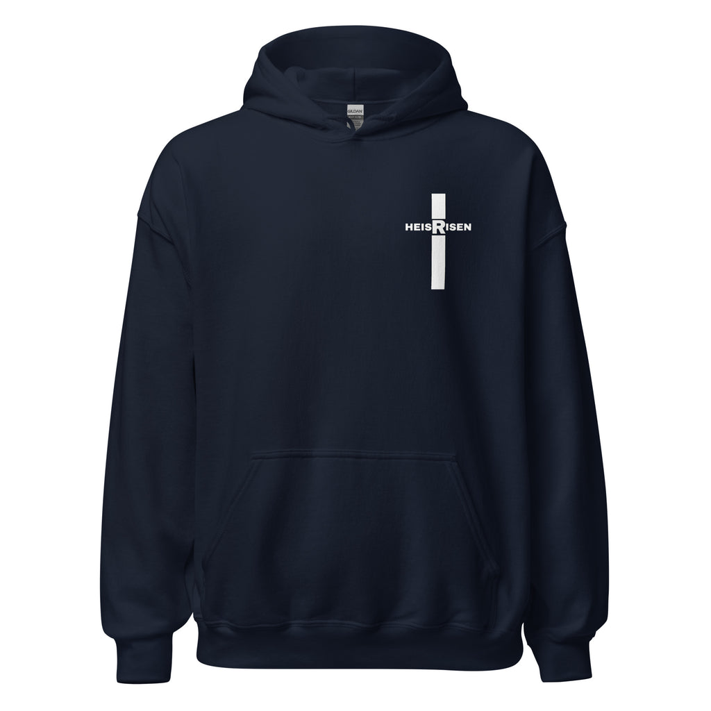 Navy men’s Christian resurrection hoodie with He Is Risen and 1 Peter 1:3.