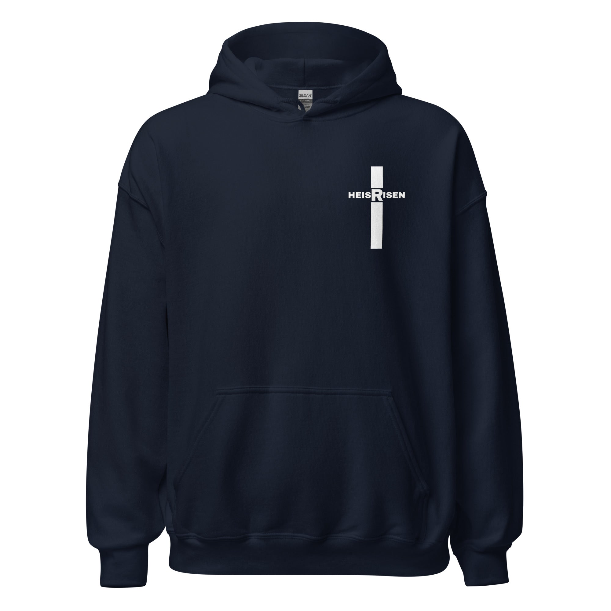 Navy men’s Christian resurrection hoodie with He Is Risen and 1 Peter 1:3.