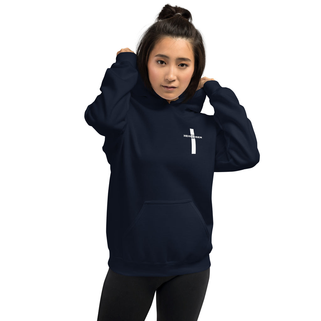 Navy women’s Christian resurrection hoodie with Praise God for a Living Hope and 1 Peter 1:3.