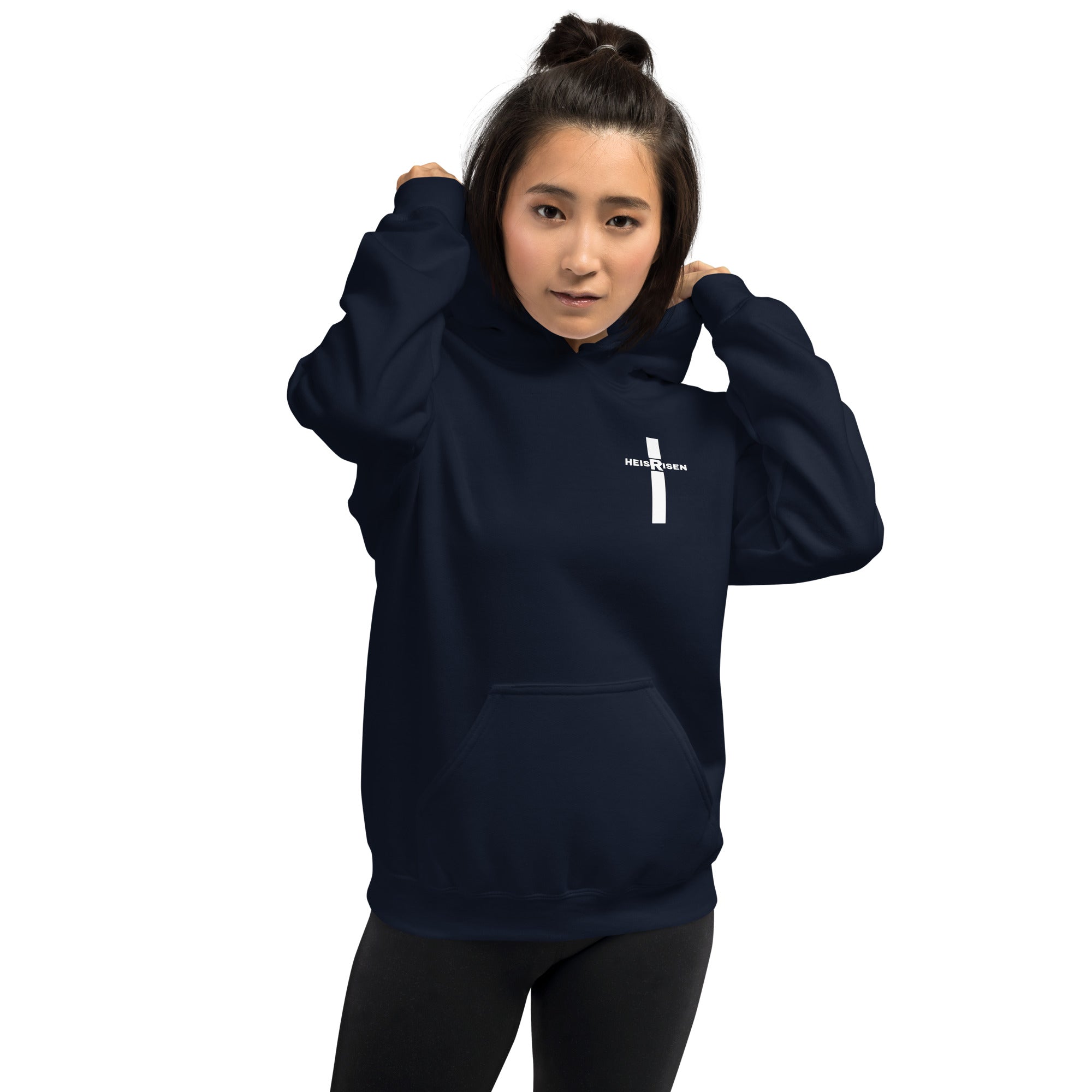 Navy women’s Christian resurrection hoodie with Praise God for a Living Hope and 1 Peter 1:3.