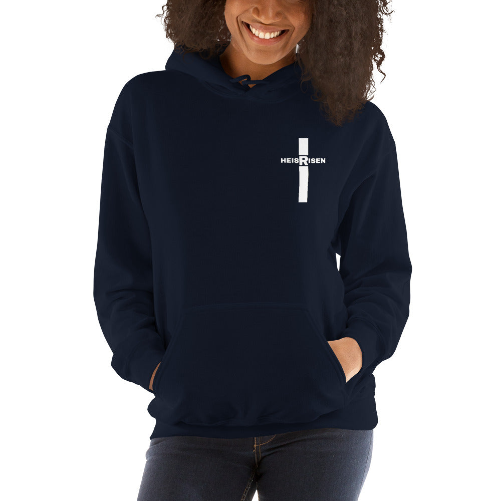 Navy women’s Christian resurrection hoodie with Praise God for a Living Hope and 1 Peter 1:3.