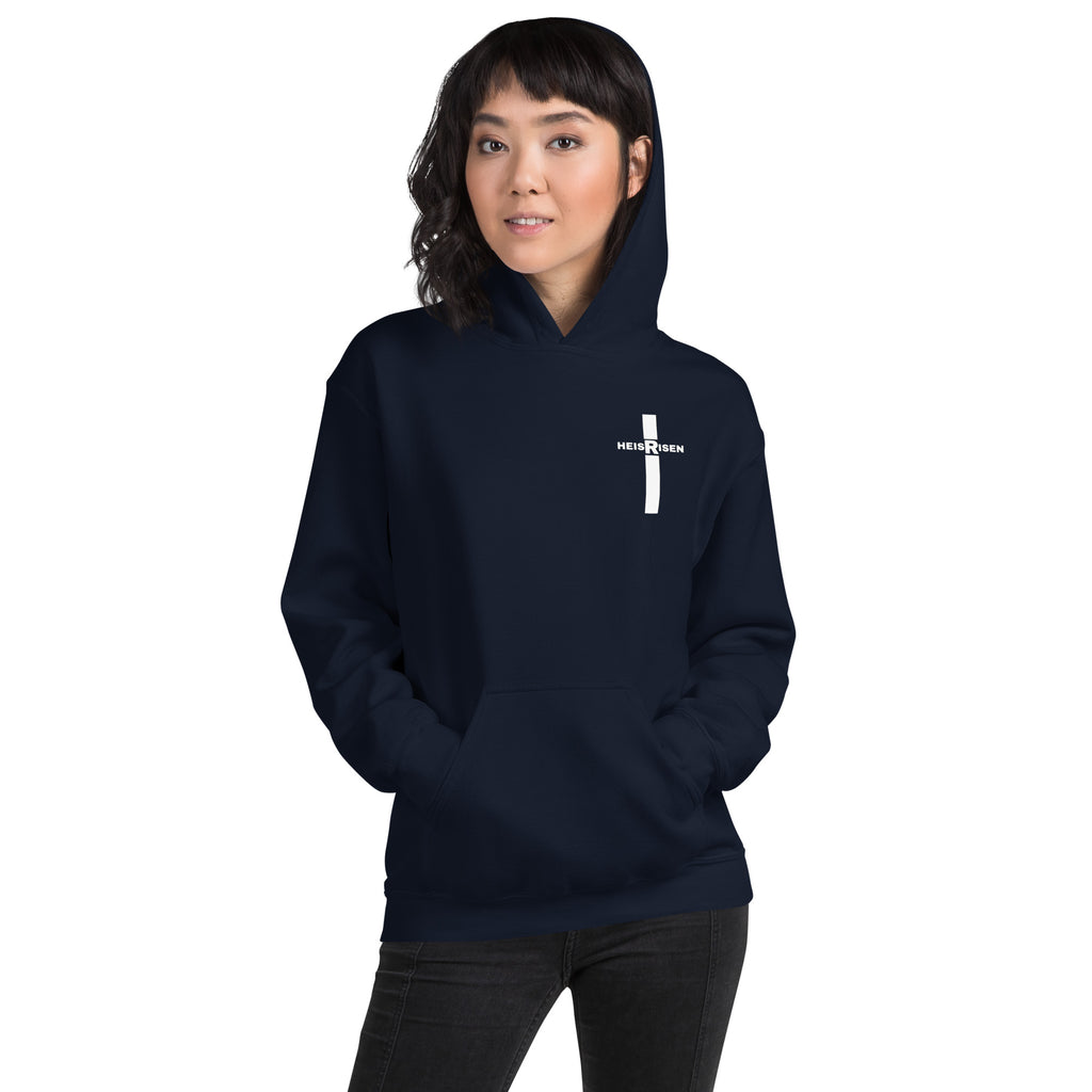 Navy women’s Christian resurrection hoodie with Praise God for a Living Hope and 1 Peter 1:3.