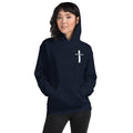 Navy women’s Christian resurrection hoodie with Praise God for a Living Hope and 1 Peter 1:3.