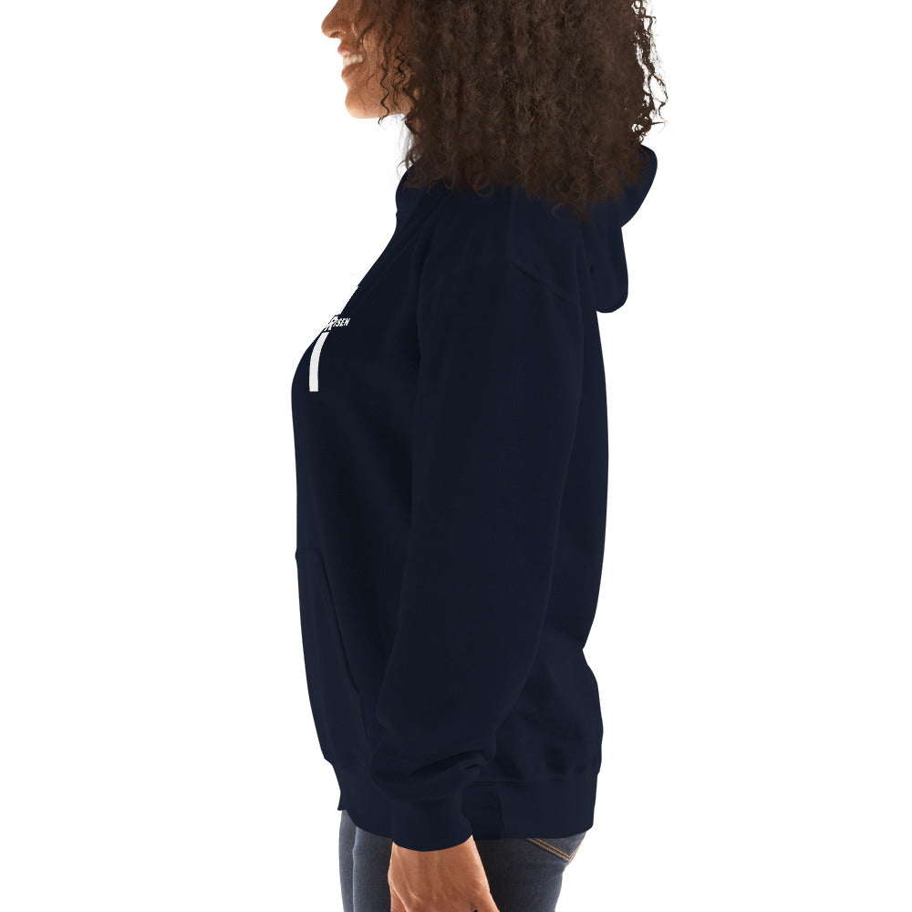 Navy women’s Christian resurrection hoodie with Praise God for a Living Hope and 1 Peter 1:3.