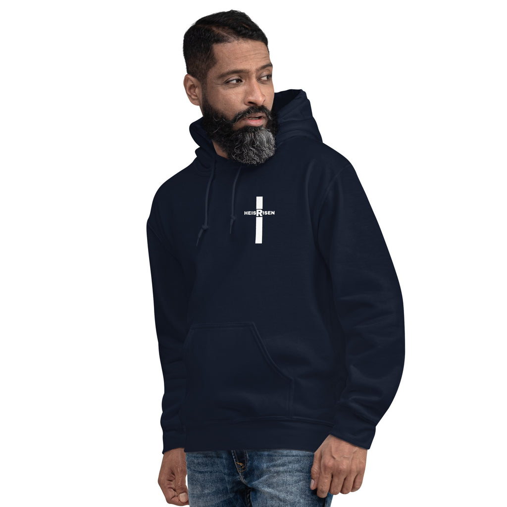 Navy men’s Christian resurrection hoodie with He Is Risen and 1 Peter 1:3.