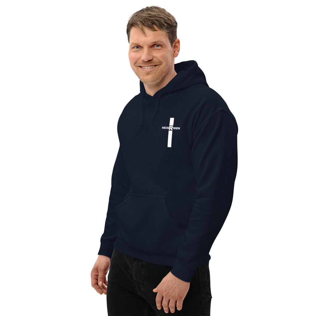 Navy men’s Christian resurrection hoodie with He Is Risen and 1 Peter 1:3.