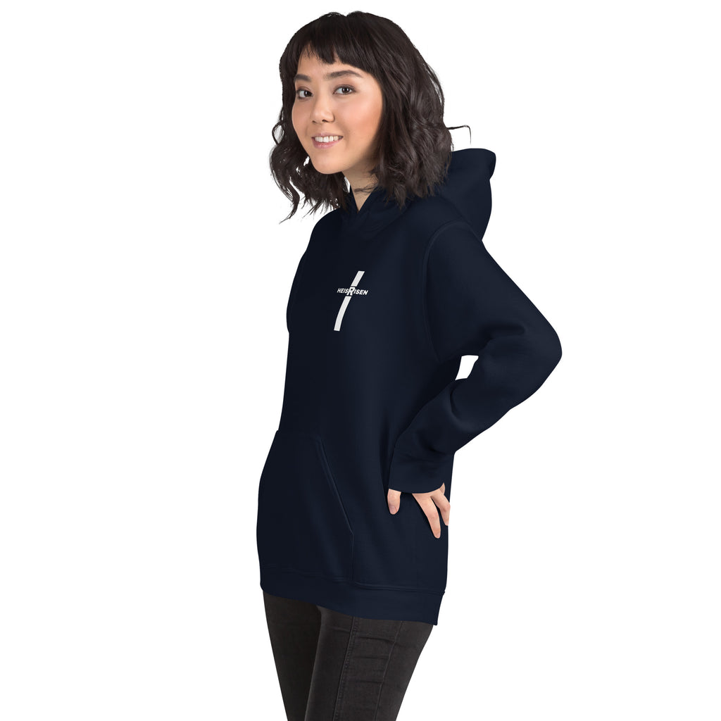 Navy women’s Christian resurrection hoodie with Praise God for a Living Hope and 1 Peter 1:3.