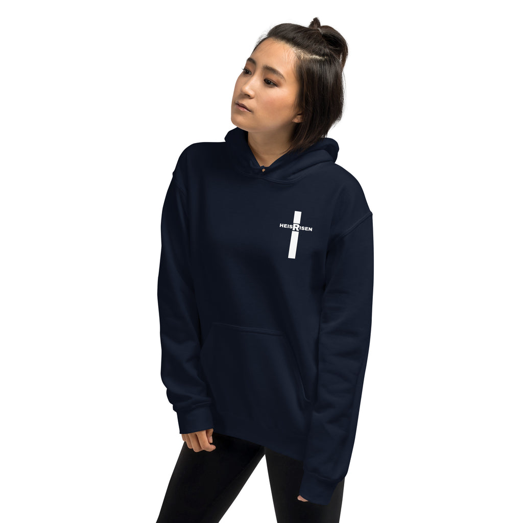 Navy women’s Christian resurrection hoodie with Praise God for a Living Hope and 1 Peter 1:3.