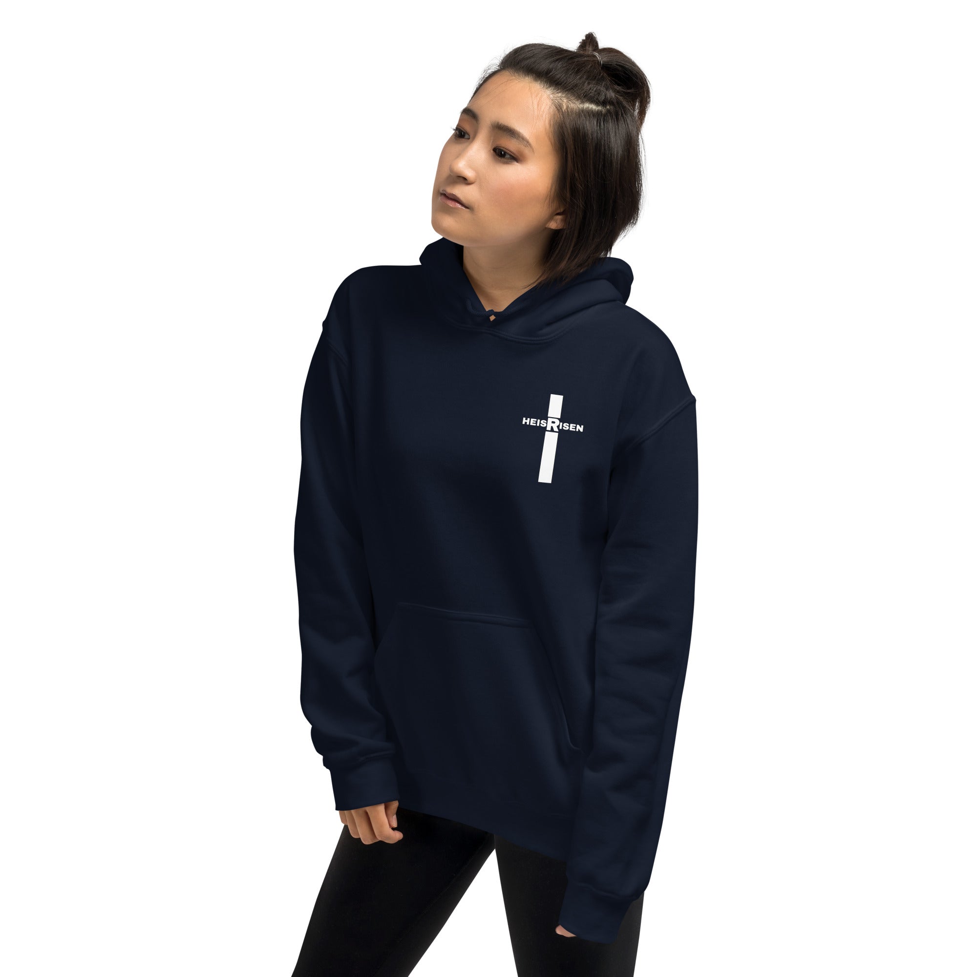 Navy women’s Christian resurrection hoodie with Praise God for a Living Hope and 1 Peter 1:3.
